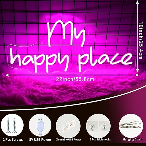 Miniatura 3 de Neonwall - Letrero de neón con texto en inglés My Happy Place con luz LED para decoración de pared, interruptor alimentado por USB, para decoración