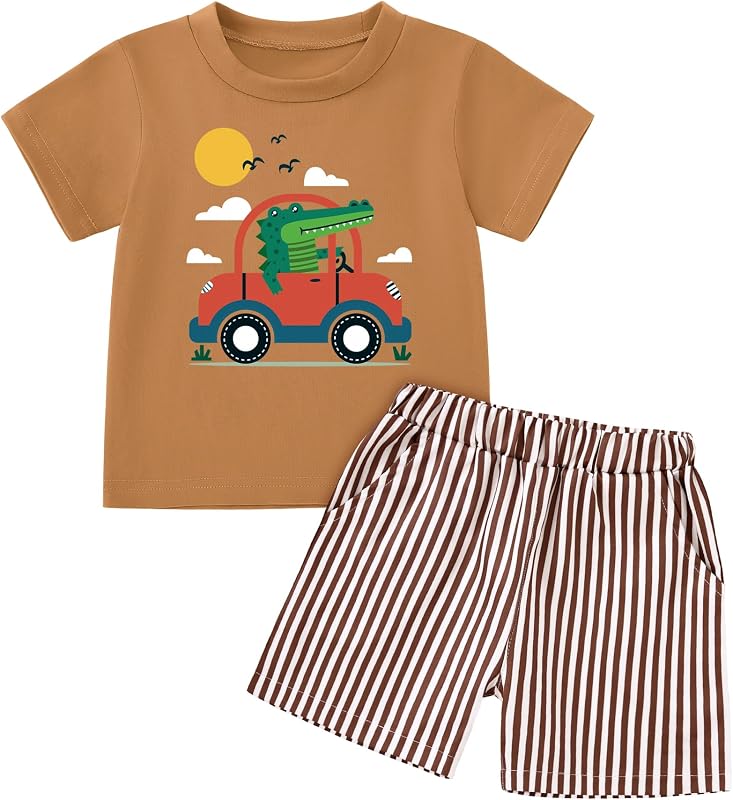 Toddler Baby Boy Summer Outfits Crew Neck T-shirt+Striped Shorts Set with Pockets Casual 2 Piece Clothes 1-6 Years
