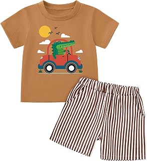 Latnnut Toddler Baby Boy Summer Outfits Crew Neck T-shirt+Striped Shorts Set with Pockets Casual 2 Piece Clothes 1-6 Years Price In India