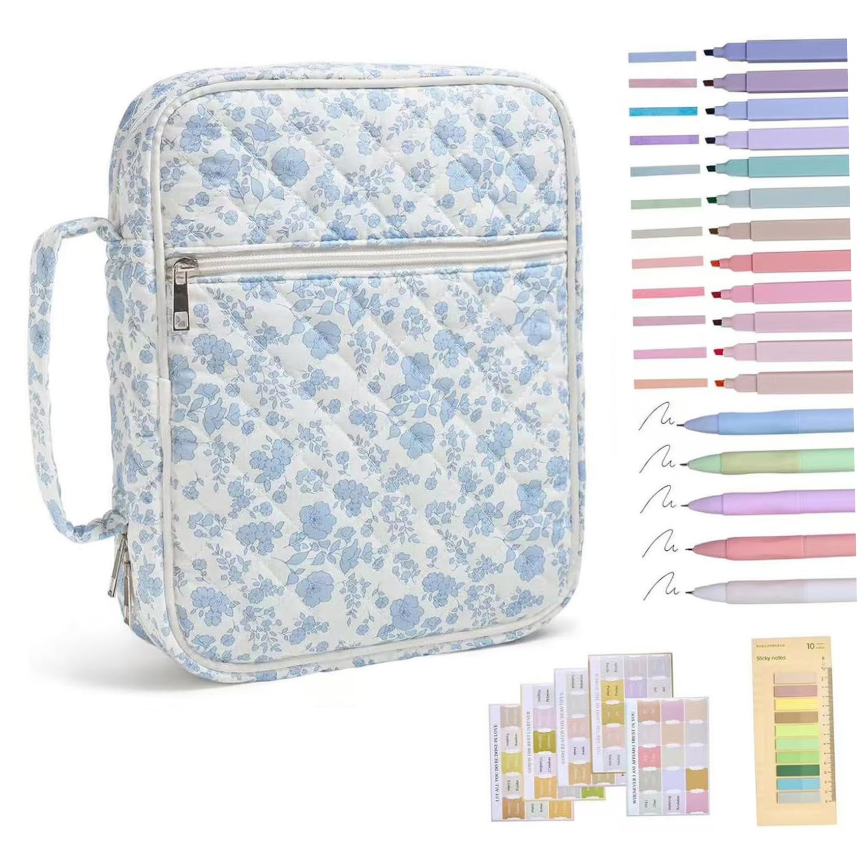 Quilted Bible Cover Floral Cute Bible Case for Girls Women with Handle, Portable Bibles Pouch with Study Supplies Blue, Quilted Cover, Garden Décor