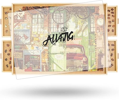 Vista 29 de ALL4JIG - Tablero giratorio para rompecabezas de 2000 piezas, bandeja giratoria de madera de 29.6 x 41.3 pulgadas, 6 cajones y cubierta, mesa para 6