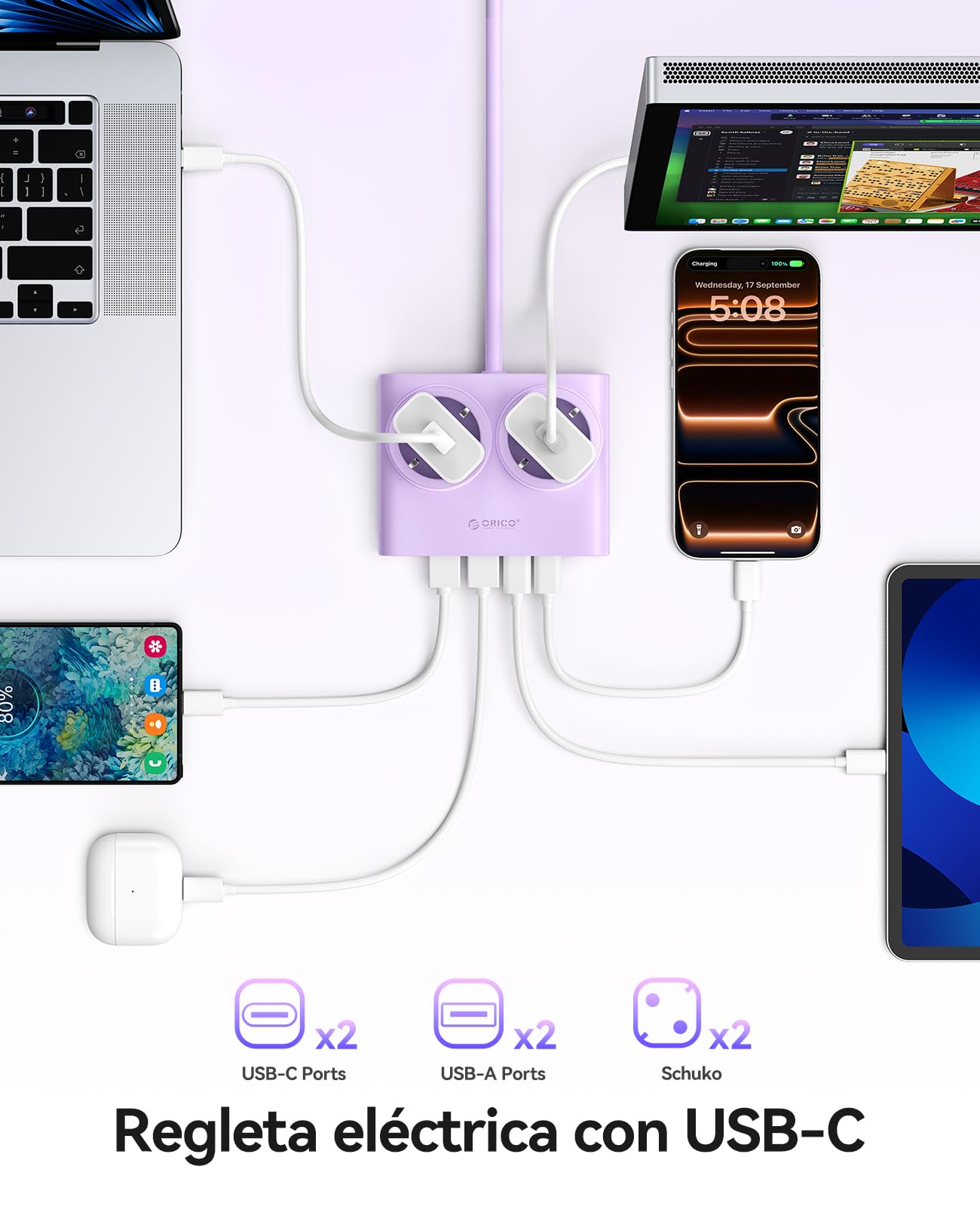 ORICO Regleta Enchufes 6-en-1 PowerBrick Lila - 2 Tomas AC + 4 USB (2 USB-C PD), Carga Rápida 25W GAN, Cable 1,6m, 2500W MAX para Hogar, Oficina, Mesa(PDC)