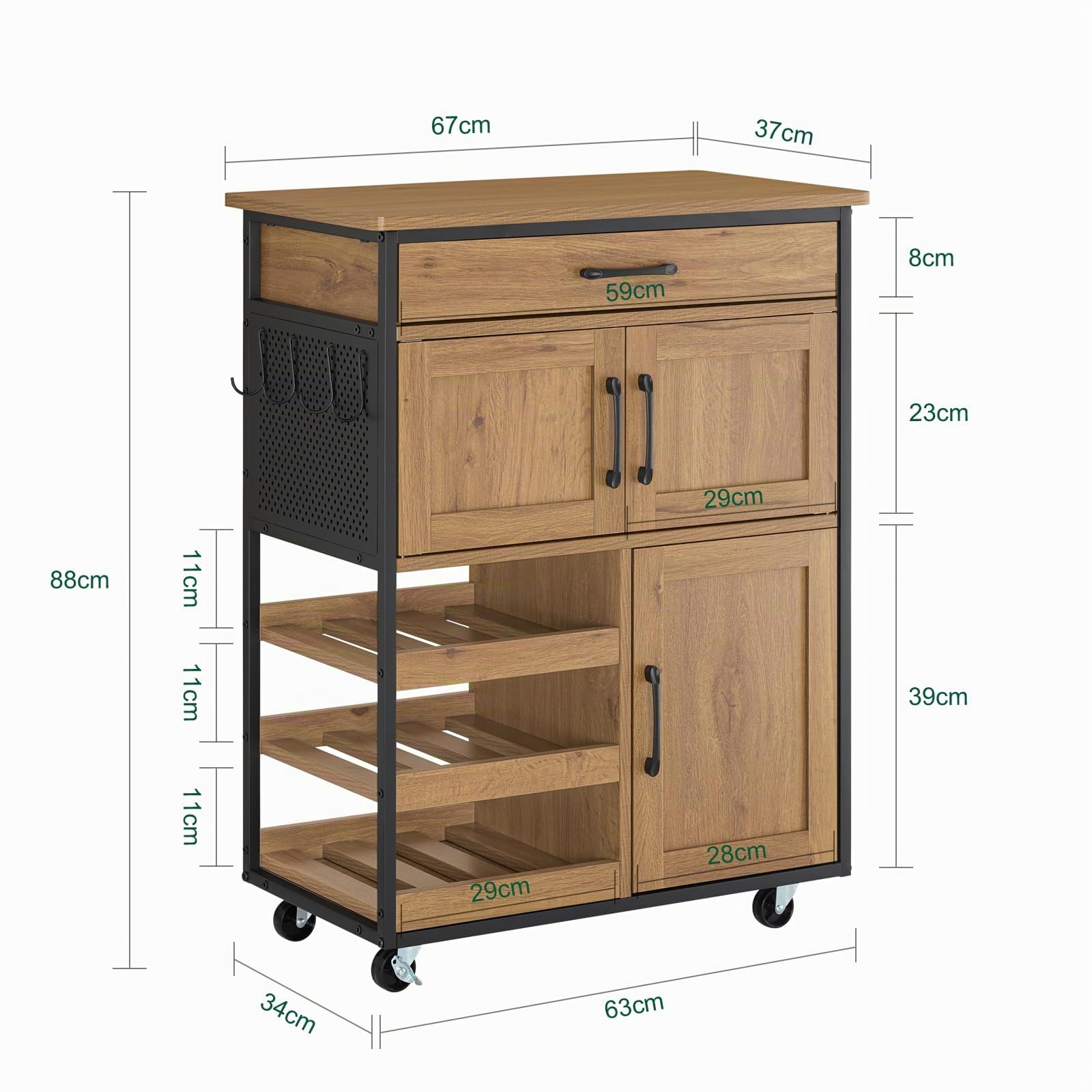 SoBuy Carrito Cocina con Ruedas con Freno & estantes Abiertos, 67x88x37cm | Carro Cocina Auxiliar con encimera, cajón & ganchos, carga 30 kg, estilo industrial, PB/metal, comedor/exterior, FKW134-N