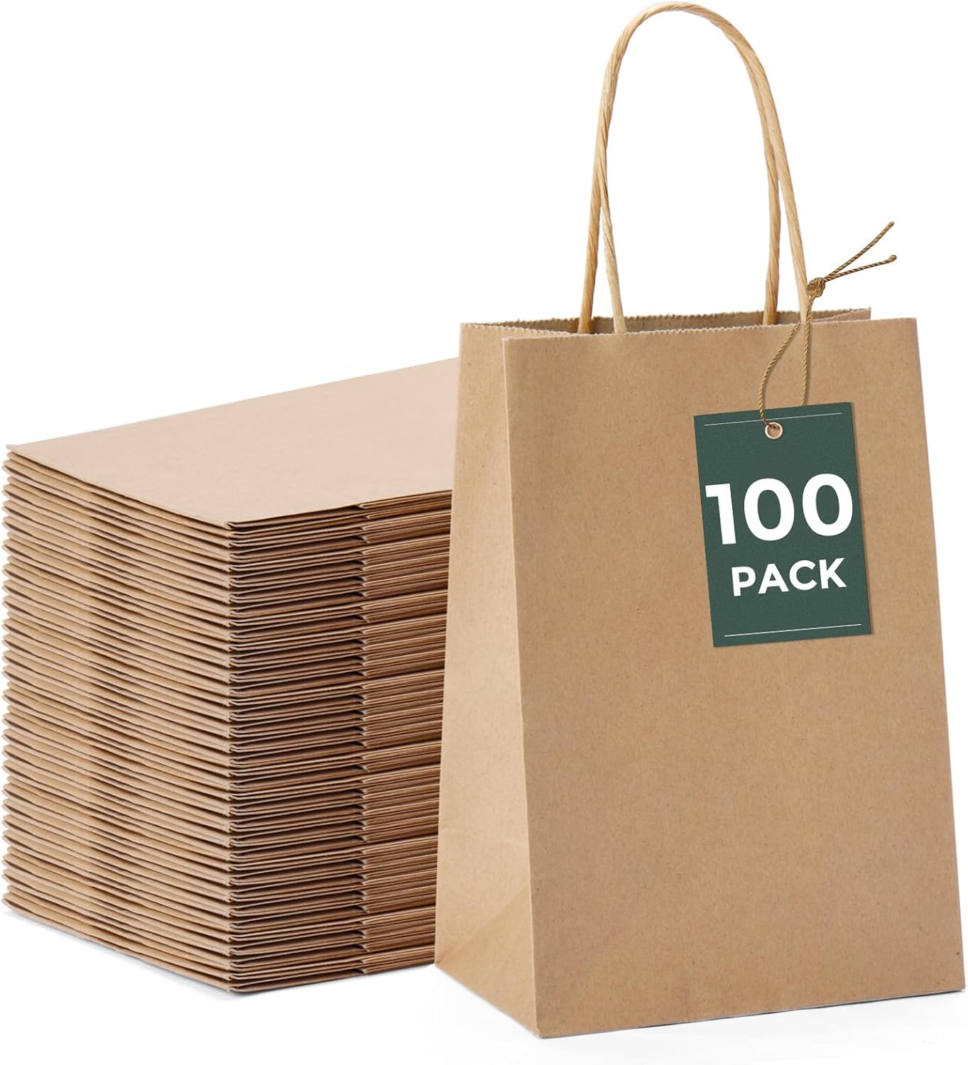 GSSUSA 100 Pack Paper Gift Bags 5.25×3.75×8 Inch Small Brown Paper Bags with Handles Bulk, Brown Kraft Bag for Small Business, Sturdy Grocery Retail Shopping Birthday Party Favor Craft Bag （Made in USA）