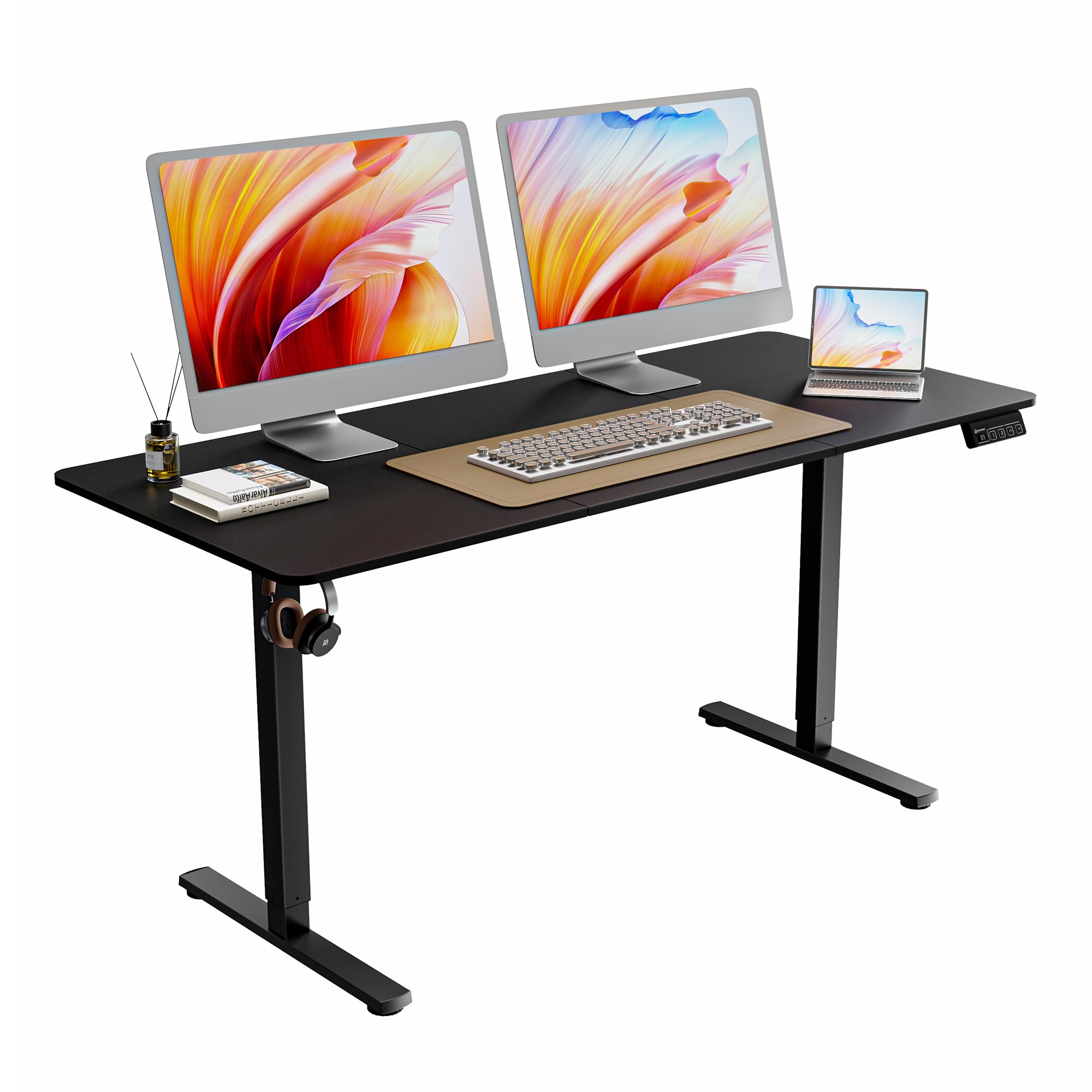 Electric Standing Desk 160x70cm, Height Adjustable Stand Up Desk with Hooks and Memory Smart Handset for Home Office, Black