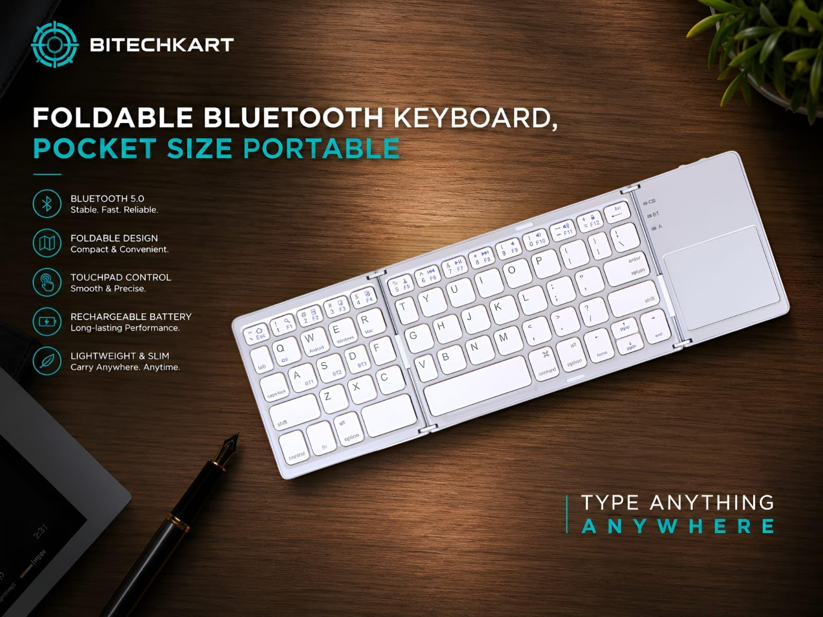 BITECHKART Foldable Bluetooth Keyboard, Pocket Size Portable Mini BT Wireless Keyboard with Touchpad for Android, Windows, PC, Tablet, with Rechargeable Li-ion Battery_20 x 10 x 3 cm - Silver 2