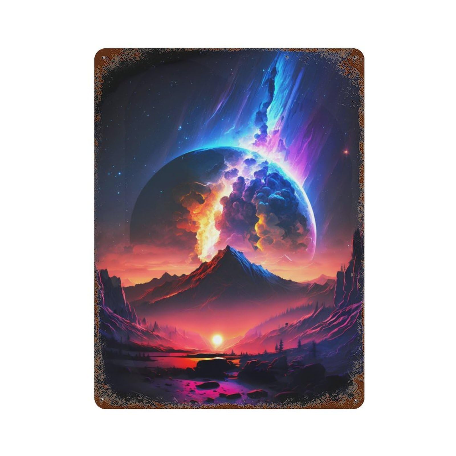 Planet Nebula Landscape Rusty Metal Tin Sign 15.7"x11.8", Ideal for Farmhouse, Kitchen And Entryway Decor