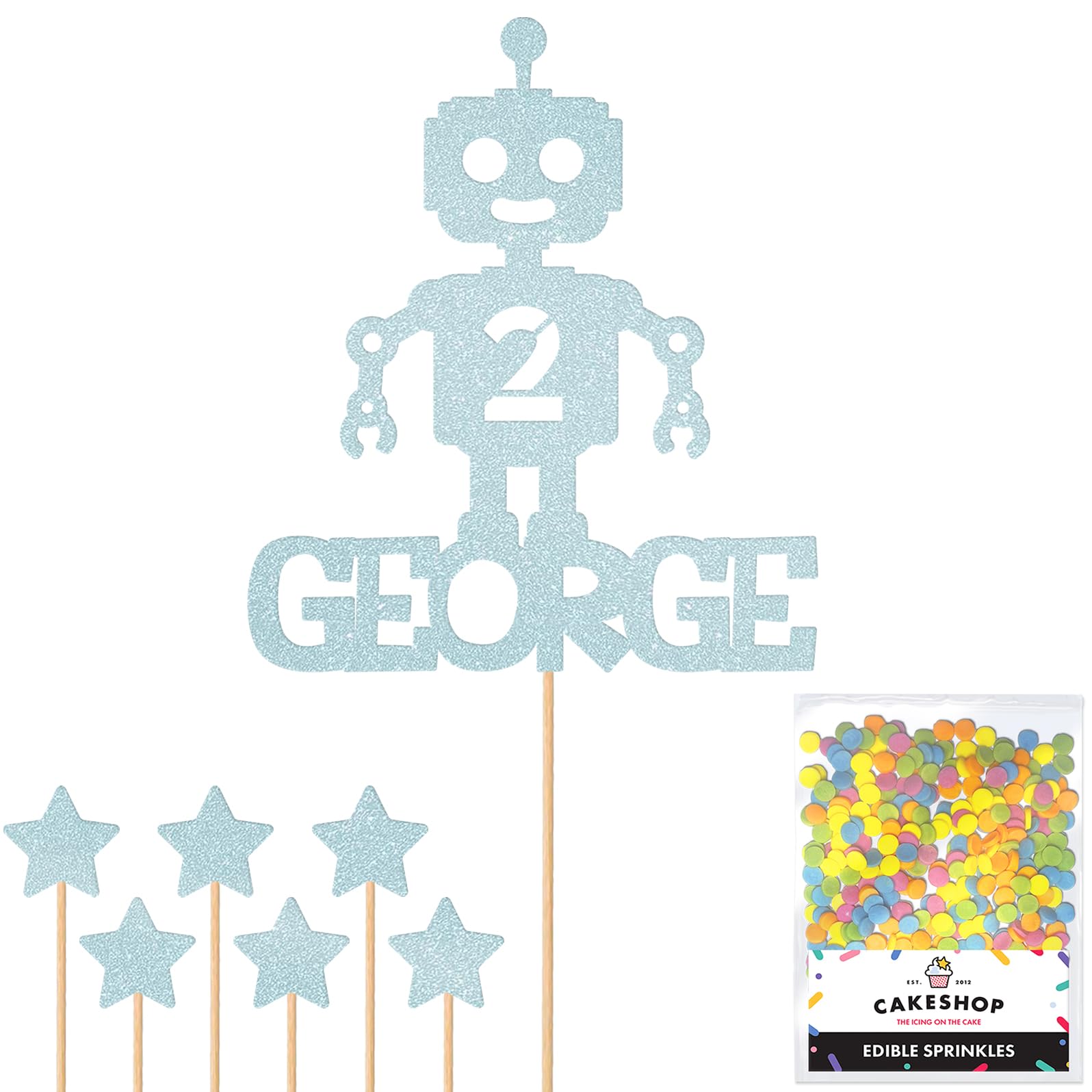 Personalised Birthday Space Robot Glitter Cake Topper Lt Blue Any Custom Age & Name Glitter Cake Decoration and Sprinkles - Happy Birthday Decorations - Personalised Toppers for Cakes by Cakeshop — image 1