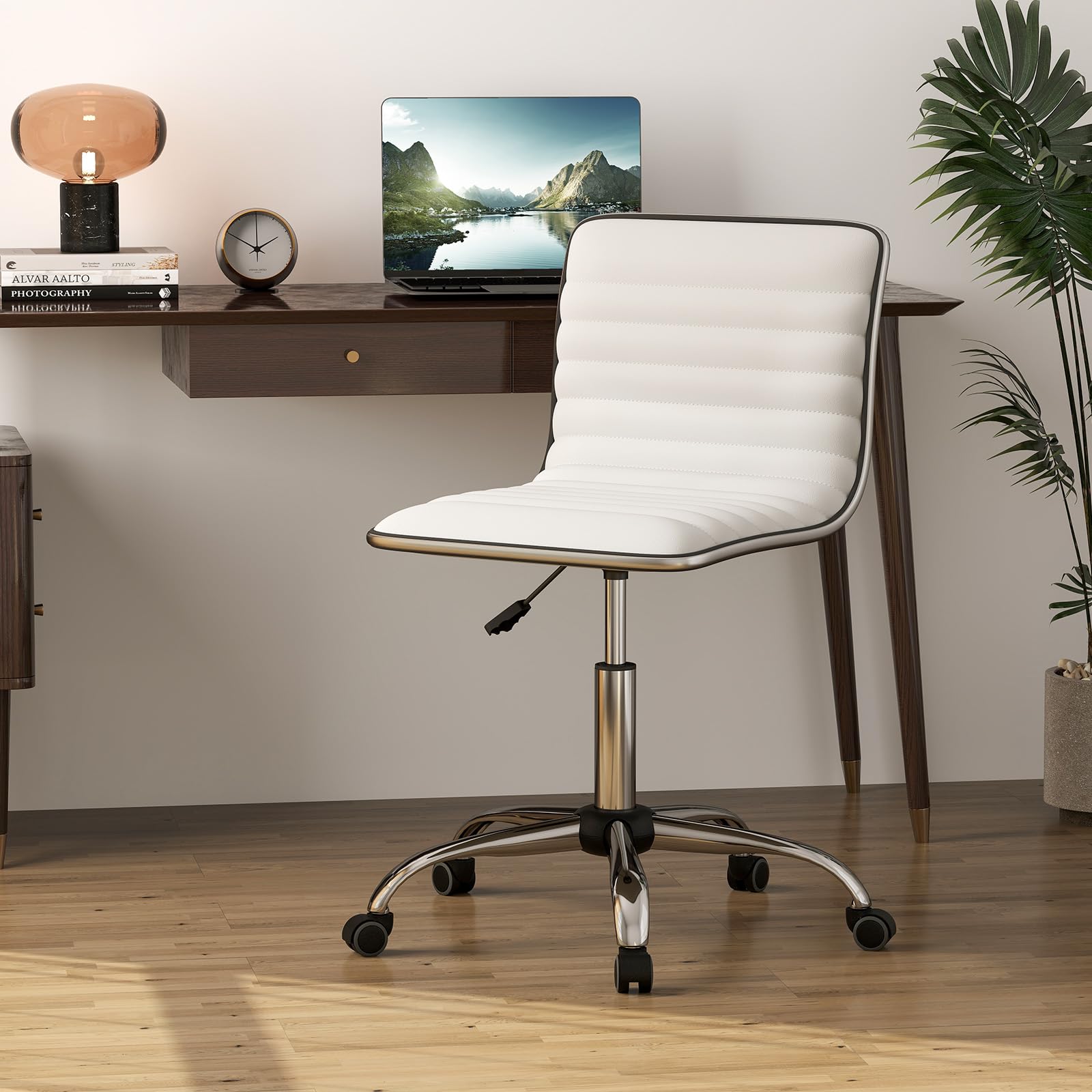 GIANTEX Silla de Oficina Giratoria 360° con 5 Ruedas, Asiento Tapizado con Altura Ajustable 49-63,5 cm, sin Reposabrazos, Silla de Ordenador para Estudio, Dormitorio y Sala de Reuniones (Blanco)