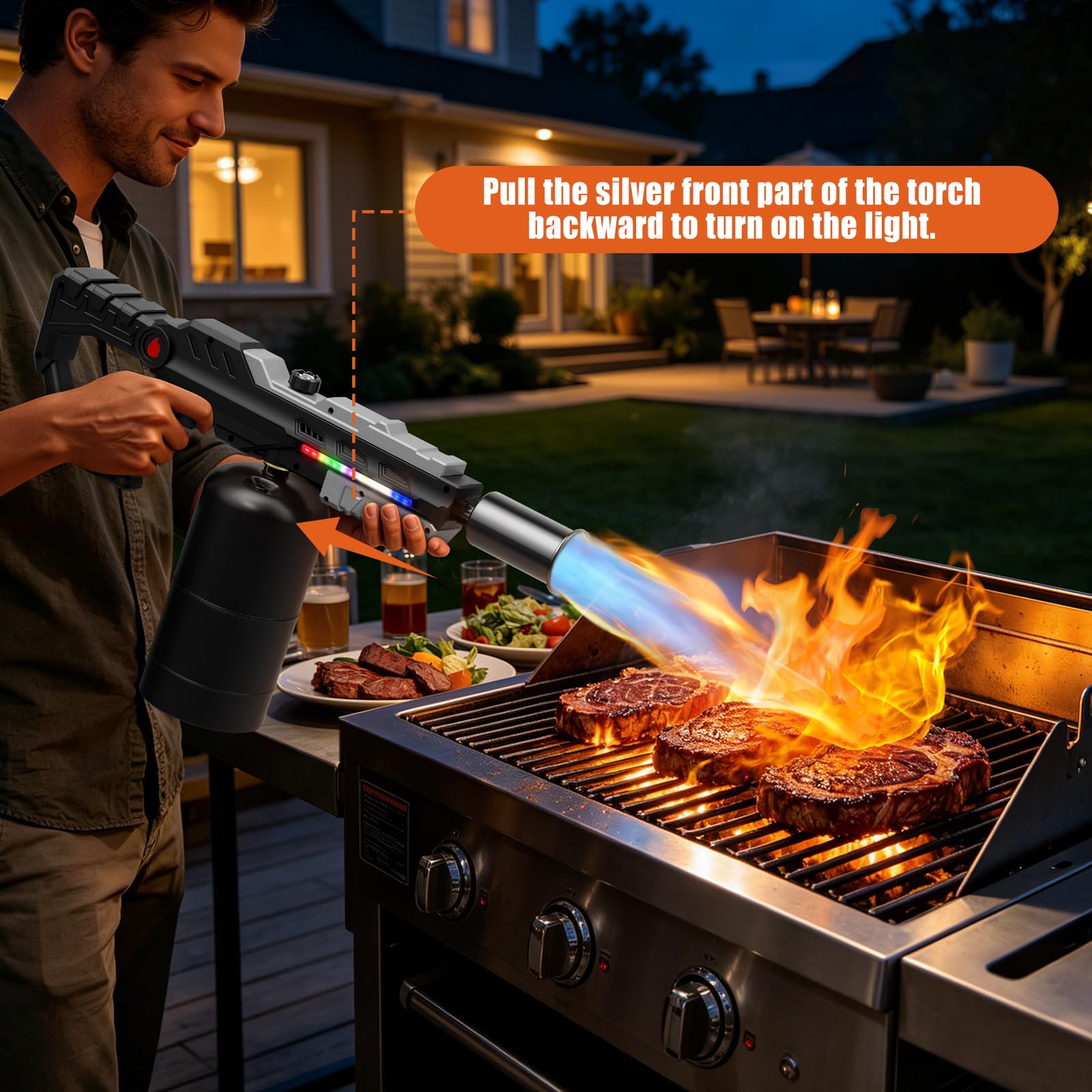 Sondiko Potente pistola de antorcha de propano, luz LED montada en la parte delantera, regalo para hombres | Lanzallamas ajustable, pistola de soplete resistente para asar filetes, barbacoa, Sous Vide, camping, iniciador de carbón