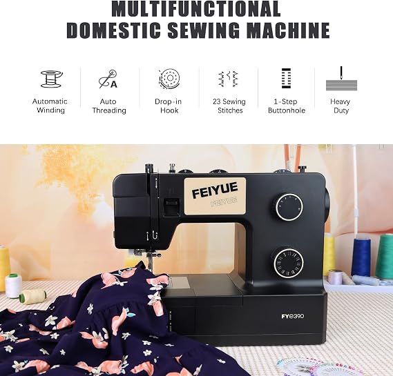FEIYUE FYe390 Sewing Machine, Energy Saving Servo Motor | Heavy Duty & Portable, 23 Built-in Stitches, Multiple Needle Positions, 3 Bobbins & 5 Included Sewing Feet