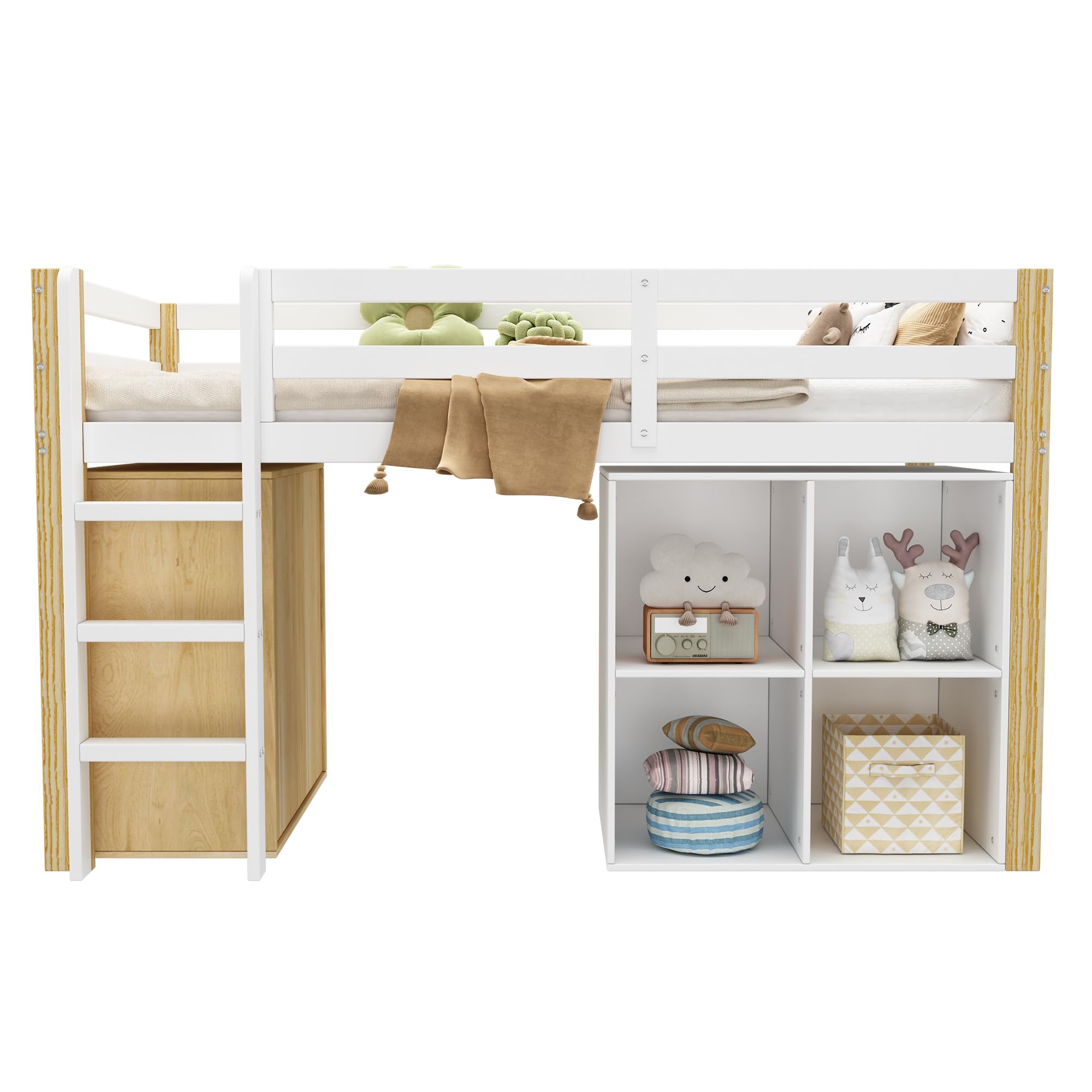 Kinderbett Hochbett 90x200, mit 2 Aufbewahrungsschrank und Leiter, Platzsparendes Kinder Etagenbett Jugendbett Holzbett Bettrahmen mit Rausfallschutz und Lattenrost, stabiles Massivholz, Natur&Weiß