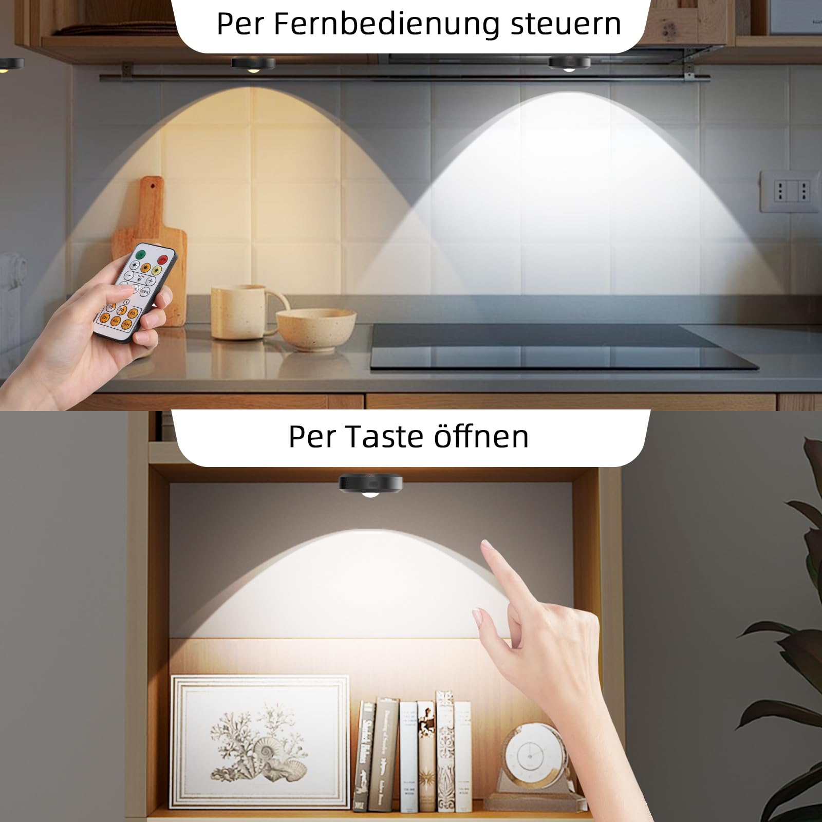 Spot Sans Fil Puck Light Lumic Reglette LED 180H 3000K/4500K/6000K Dimmable Rechargeable Minuterie Télécommande Rond Lumière Cuisine Armoire Vitrine
