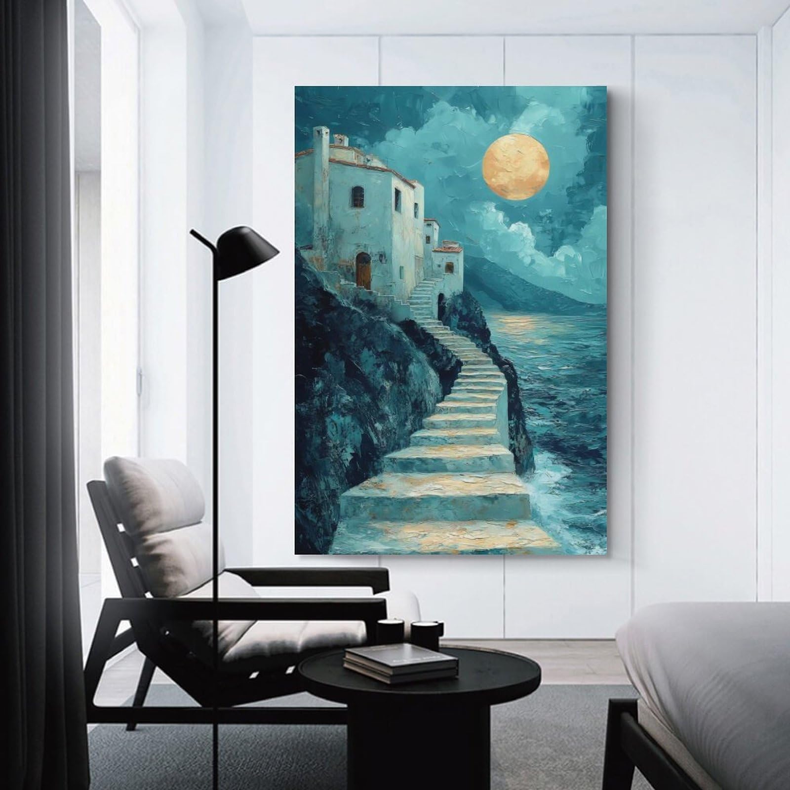 Junmoney Unframe-Style-23 Moonlit Coastal Village Room Decor Wall Art, 20X30inch(50X75cm), For Living Room, Bedroom, Office Or Hallway, Decorative Artwork With Broad Appeal