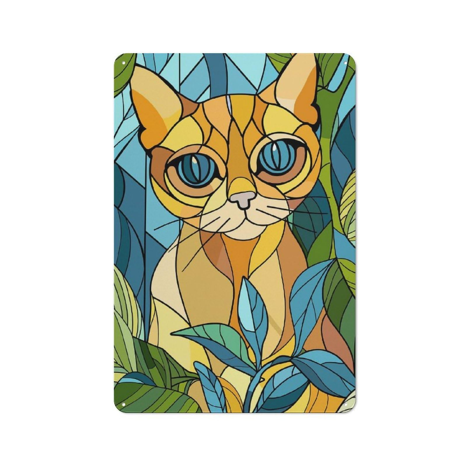 Junmoney Style-11 Stained Glass Cat Among Leaves Rustic Tin Wall Plaque 30X20cm For Hobby Room Or Studio, A Christmas Gift For People Styling Hobby Room And Studio