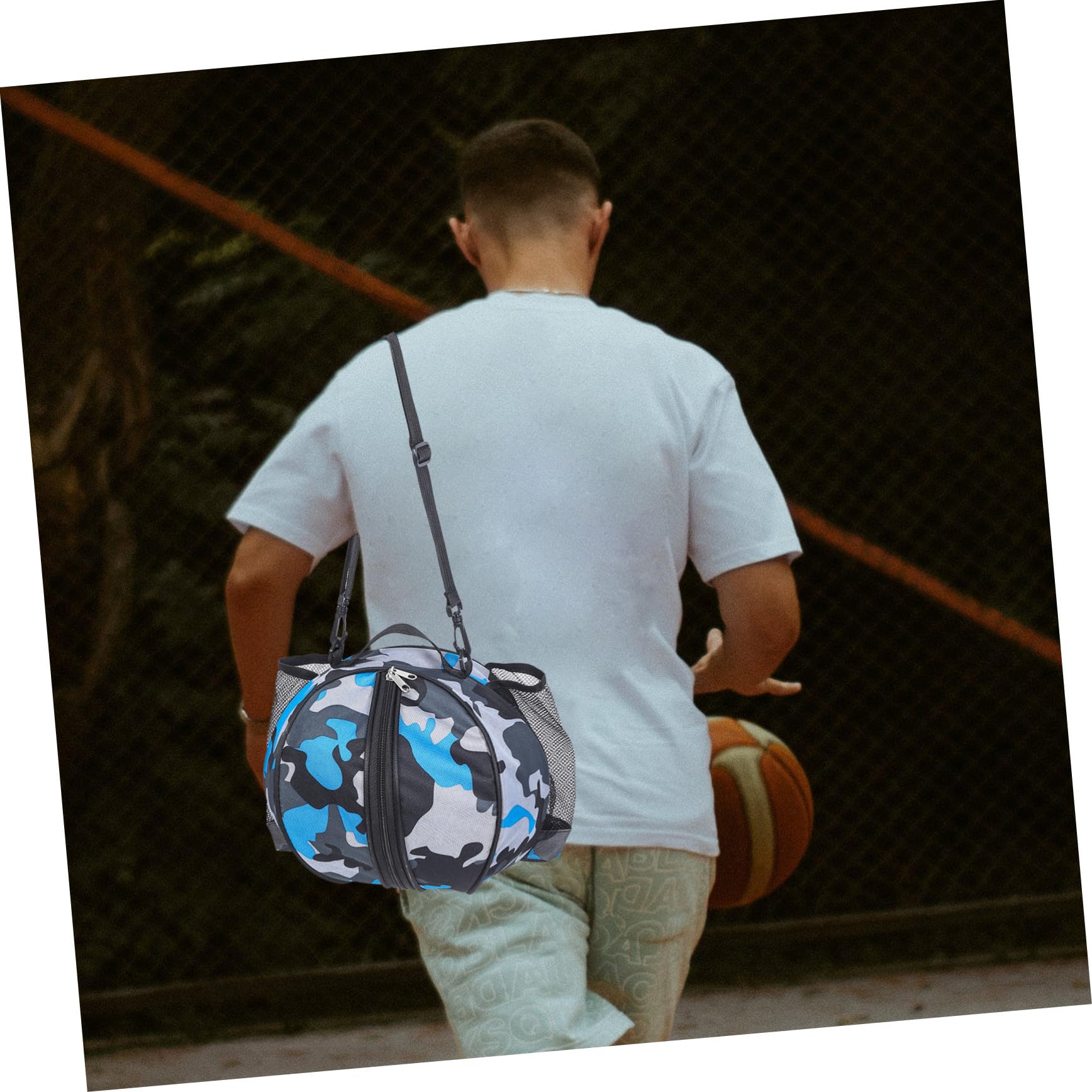 Bolsa de Baloncesto Ligera Correa Hombro y Bolsa Lateral de Malla en Poliéster Oxford para Deporte al Aire Libre y Viajes
