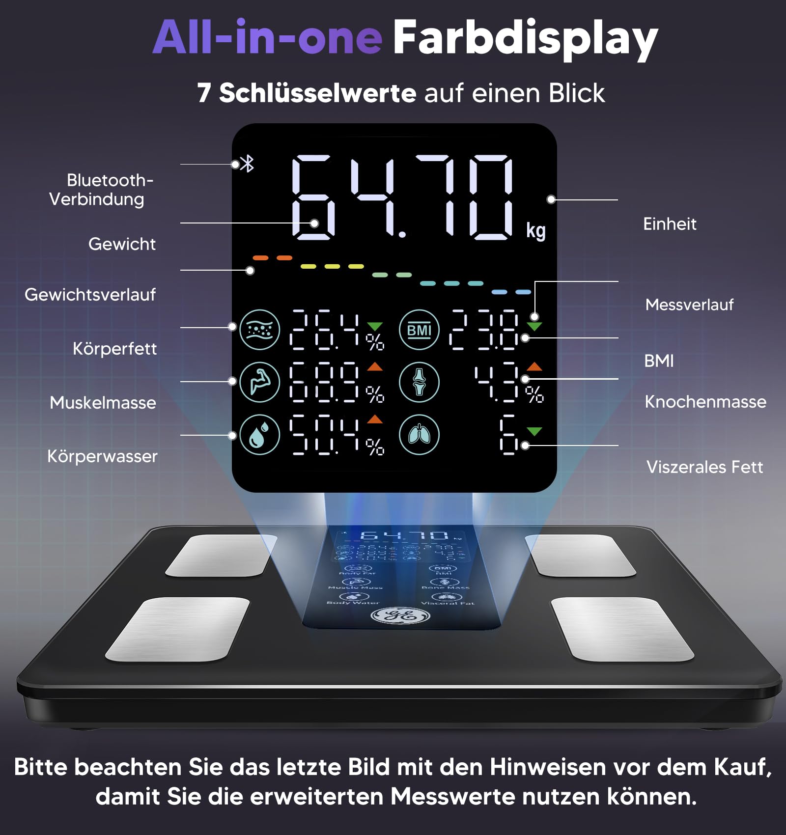 GE Körperfettwaage Smart Waage Personen: Digitale Waage mit Körperfett und Muskelmasse 8-Elektroden Körperfettwaage mit Handsensoren BMI Körpergewicht Muskelmasse Analysegerät,180 kg/400 lbs