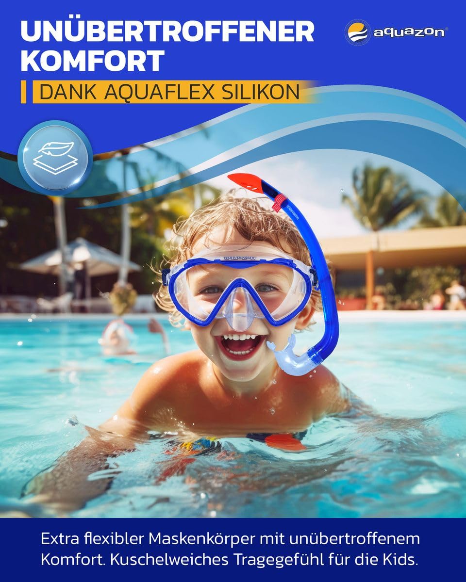 AQUAZON KORFU Wysokiej jakości zestaw do snorkelingu, zestaw do nurkowania, zestaw do pływania, gogle do snorkelingu ze szkłem hartowanym, fajka z półsuchym topem dla dzieci, młodzieży od 7-12 lat.