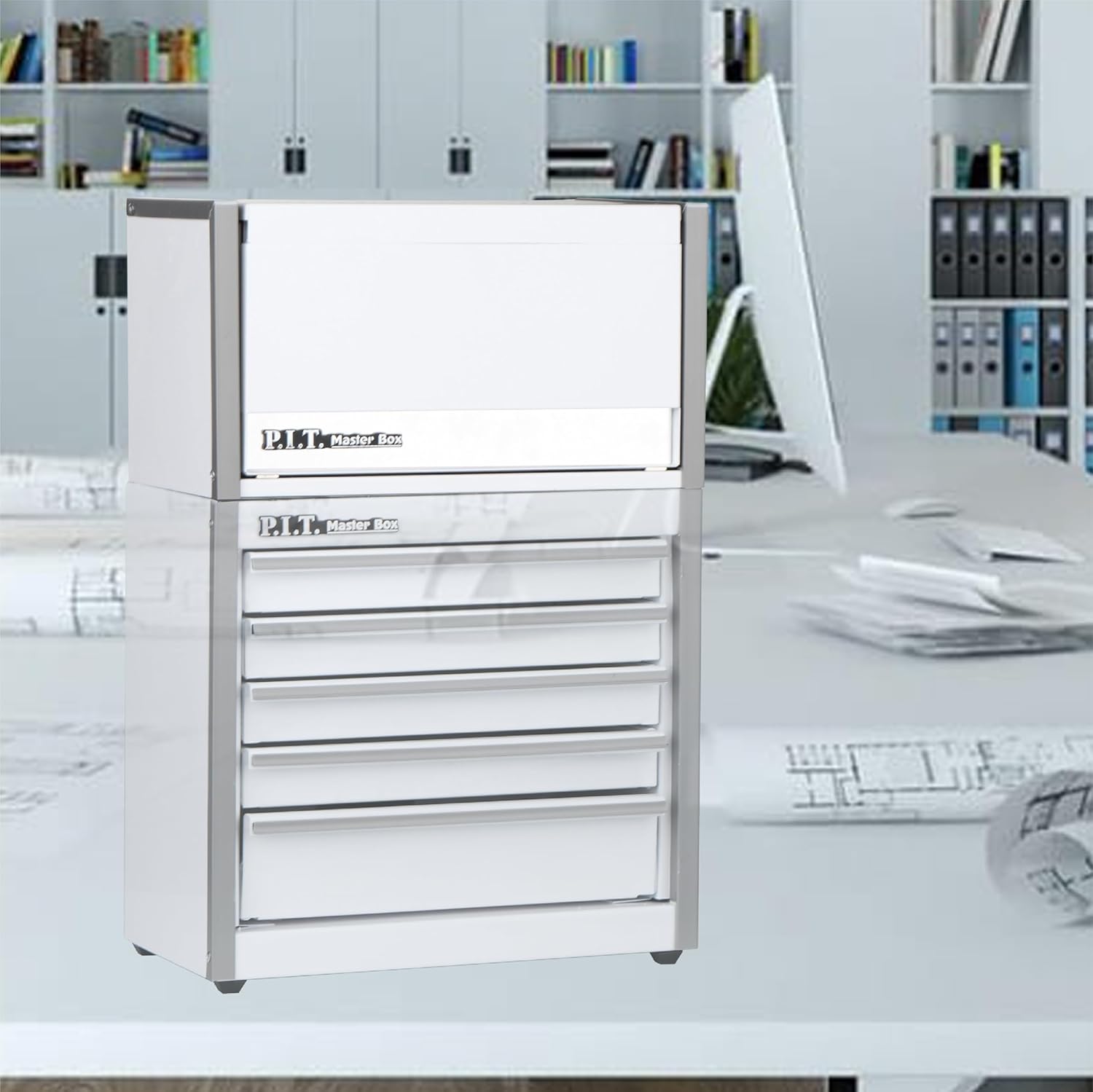 P.I.T. Mini White Tool Box, Portable 3 Drawer Steel Stackable Tool Box with Magnetic Tab Locking, White Micro Top Chest with Liner for Tools Storage and Organizers, Home DIY