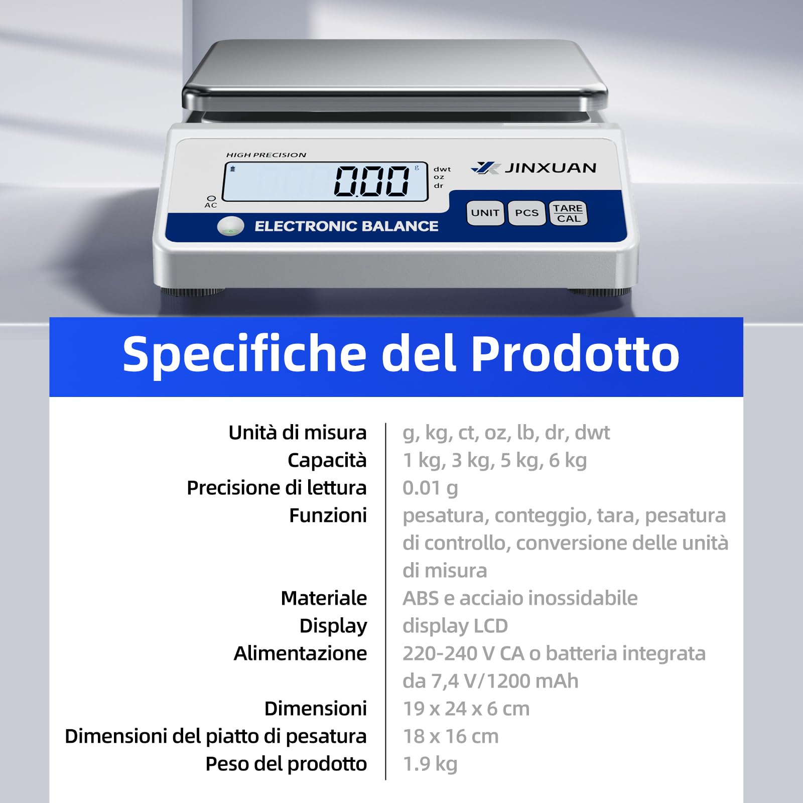Bilancia da laboratorio, 1000 g x 0,01 g, bilancia analitica di precisione, bilancia digitale per gioielli, con una precisione di 0,01 g
