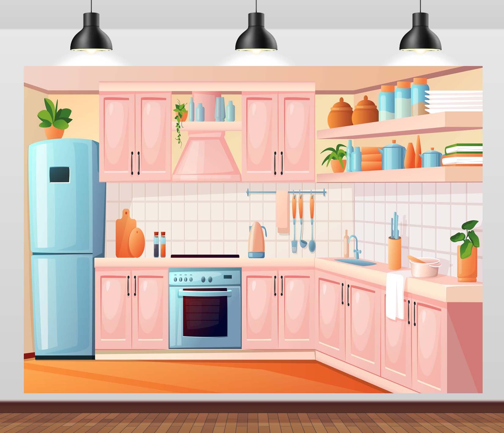 CORFOTO 6x4ft Pink Kitchen Backdrop Kitchen Interior Backdrop Countertop Oven Cooking Theme Party Decorations Girls Cooking Class Backdrop Housewife's