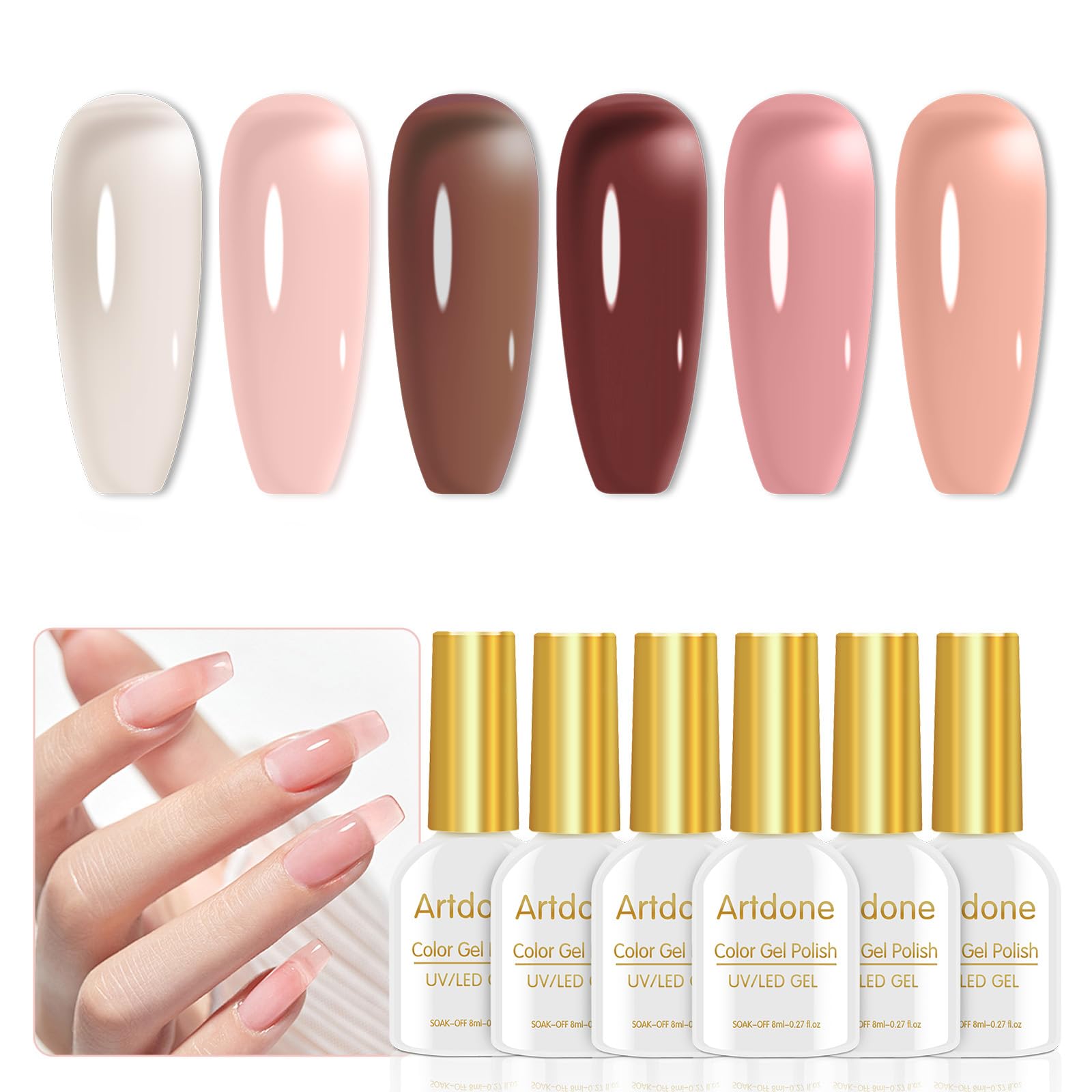 Artdone Transparent Gel Nail Polish Jelly Set - UV Gel 6 Colors Nude Pink Brown, Neutral, Soak off LED Lamp Gel Manicure Kit For Nail Art