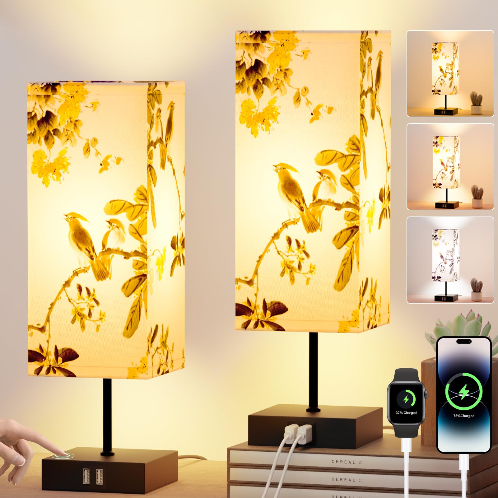 Set di 2 Lampade da Comodino Touch, Abat Jour da Comodino | Con 2 Porte di Ricarica USB, Dimmerabile, 3 Temperature di Colore, Lampada da Tavolo per Camera da Letto e, Lampadina Inclusa