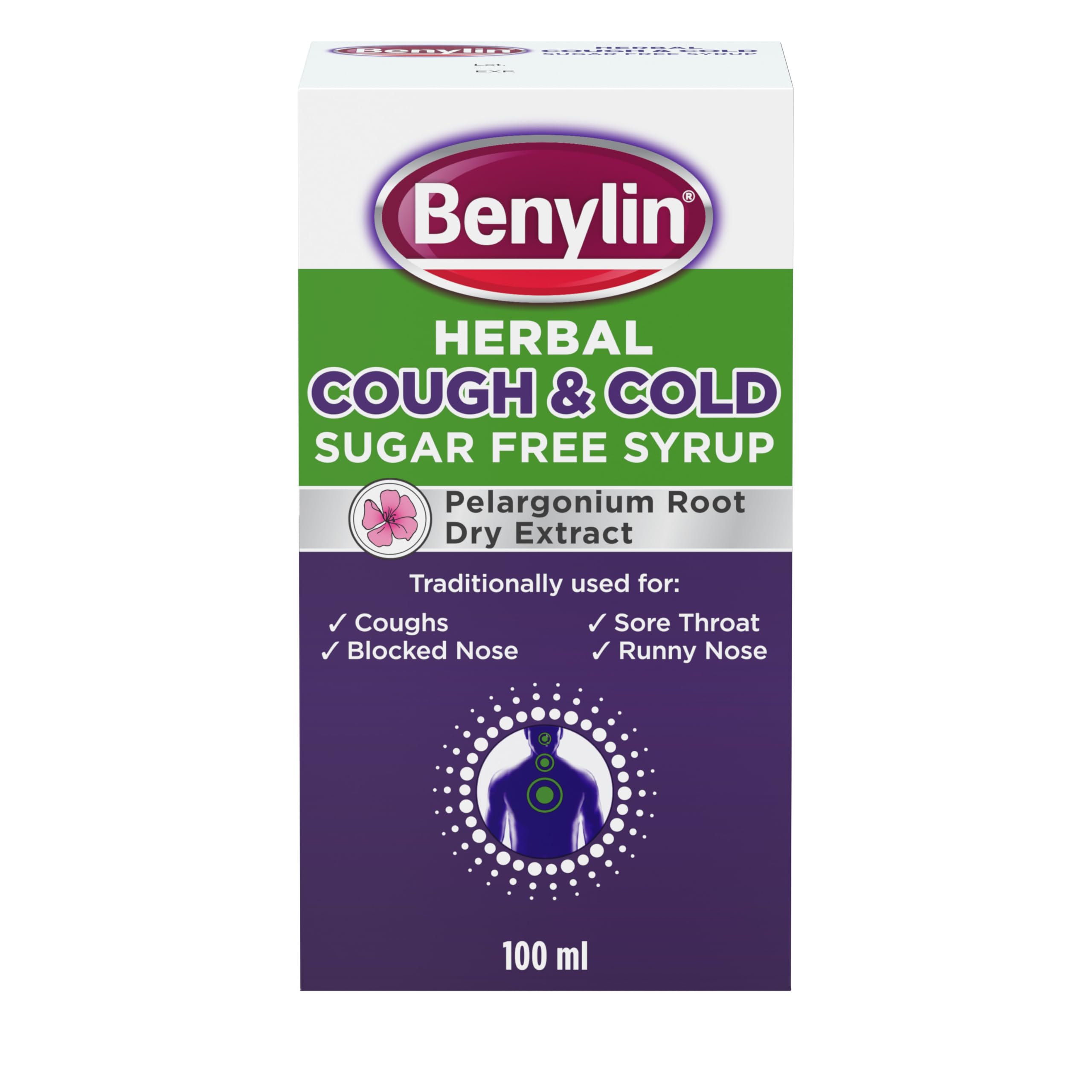 BENYLIN® Herbal Cough & Cold Sugar Free Syrup (1x 100ml), Traditional Herbal Medicine, with Pelargonium Root Dry Extract to Relieve Runny and Blocked Noses, Coughs and Sore Throats