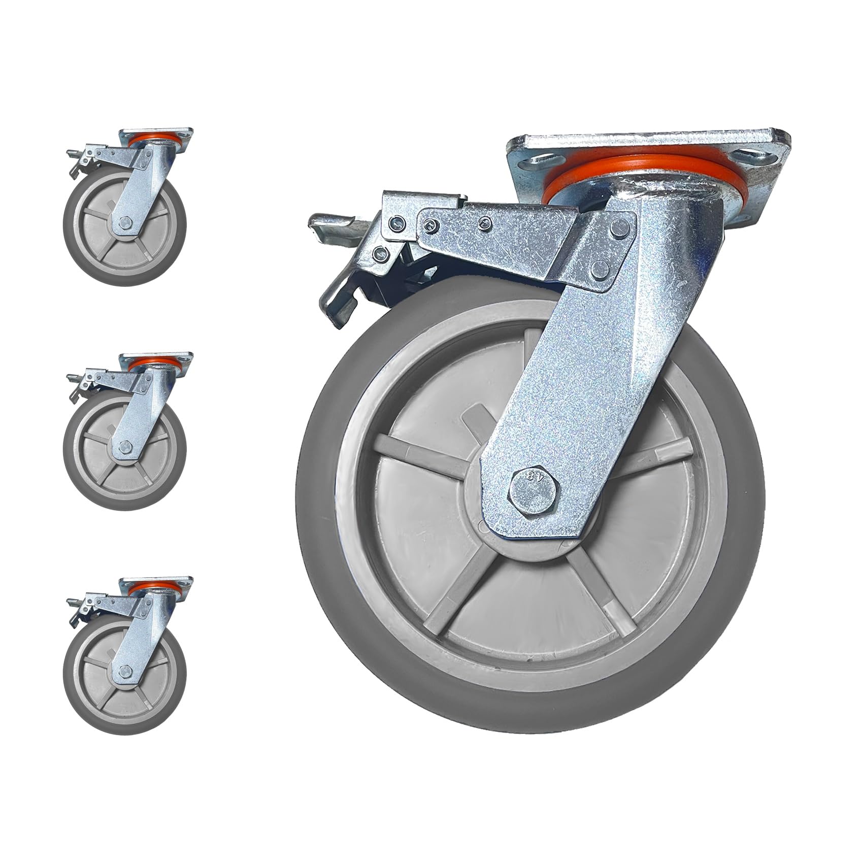 8 inch Caster Wheels Heavy Duty Swivel with Brakes - Industrial Thermoplastic Rubber Casters Wheels, Anti-Skid, Smooth and Silent (Set of 4)