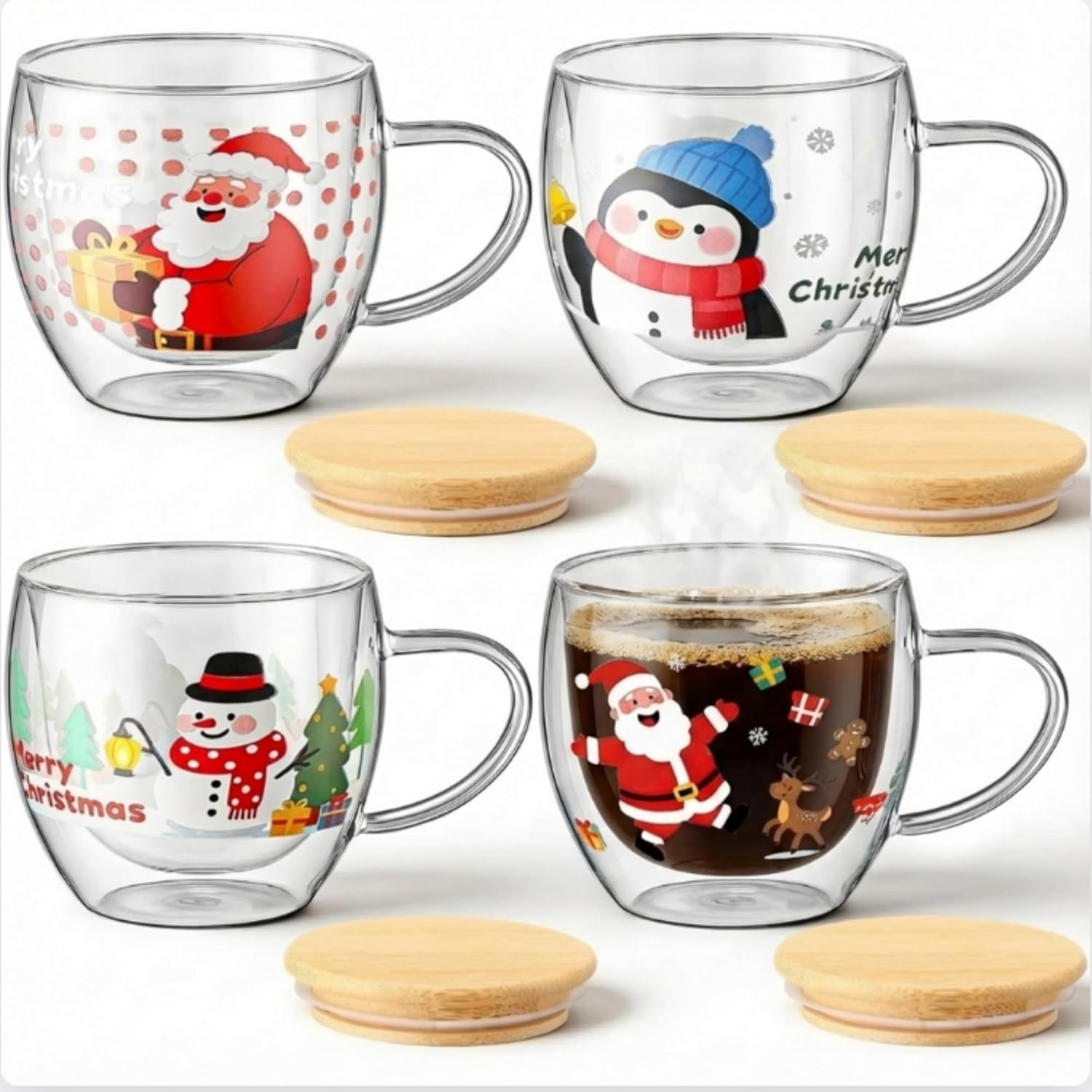 4 Pcs Christmas Double Walled Mug with Lid Borosilicate Christmas Mug Set 8.5 oz Double Walled Insulated Glass Cups with Handle Cute Glasses Birthday Gift for Hot Cold Drinks Milk Cocoa