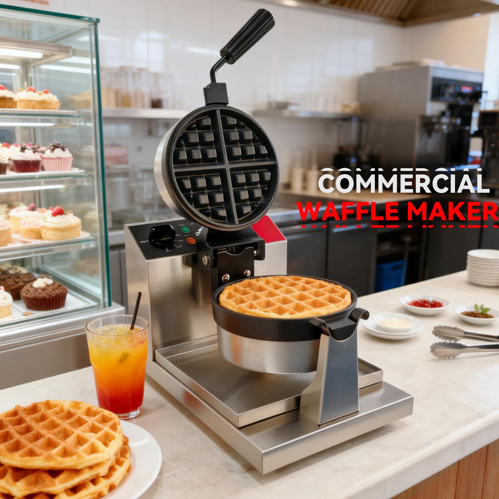CROSSON Gofrera para Gofres Belgas Giratoria,Redondo Máquina Eléctrica para Hacer Gofres Comercial con Revestimiento Antiadherente,Temperatura y Tiempo para Panaderías,Restaurantes,1300W