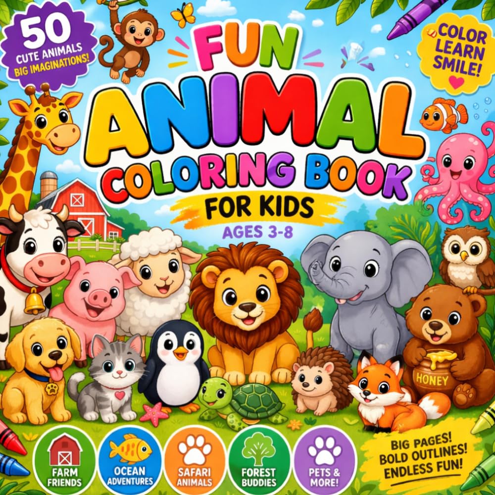 Fun Animal Coloring Book for Kids: 50 Cute Animals to Color for Children Ages 3-8