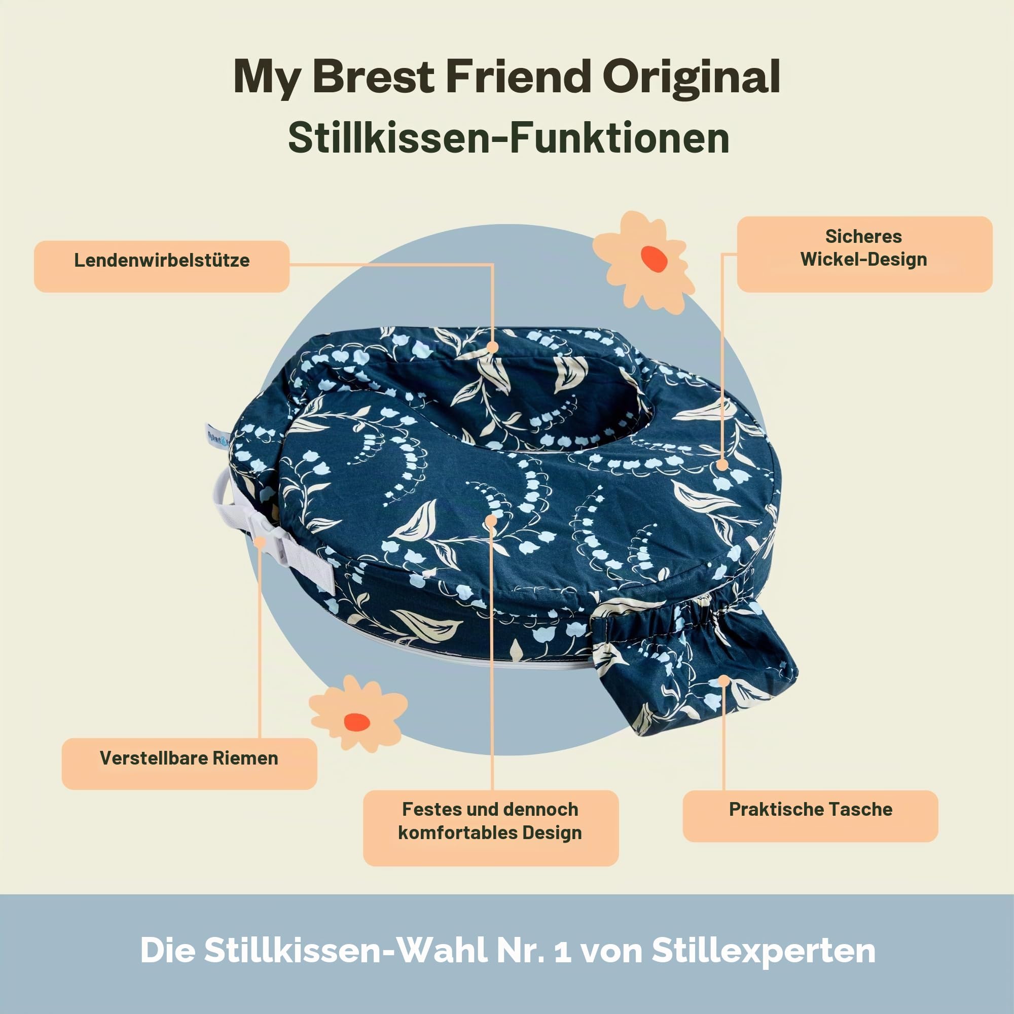 My Brest Friend Original Stillkissen für Still-, Still- und Haltungsunterstützung mit Tasche und abnehmbarem Schonbezug, marineblaue Glocken