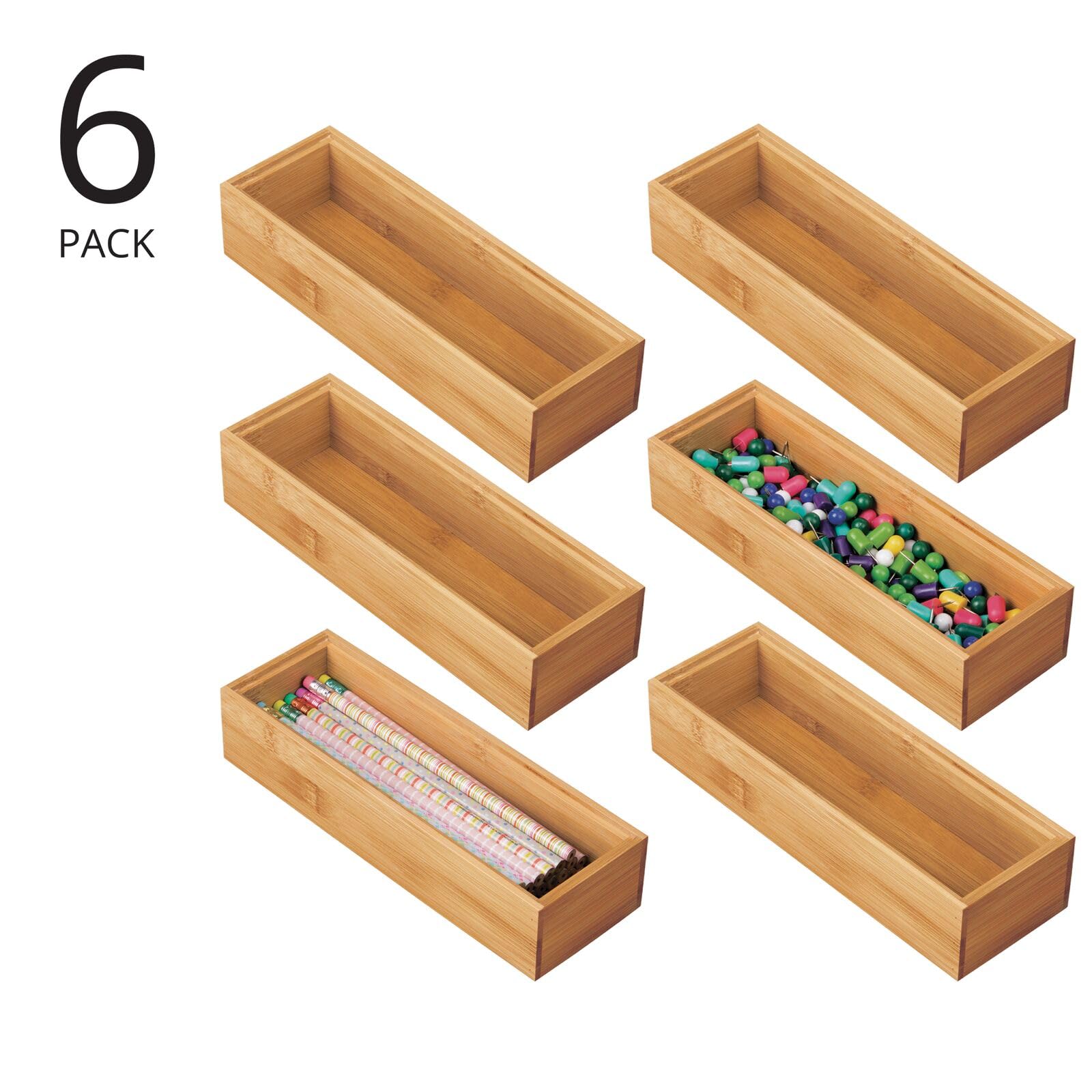 mDesign Set da 6 organizer ufficio larghi – Pratico contenitore ufficio in bambù per evidenziatori, promemoria e cancelleria – Organizer scrivania perfetti come divisori cassetti – naturale