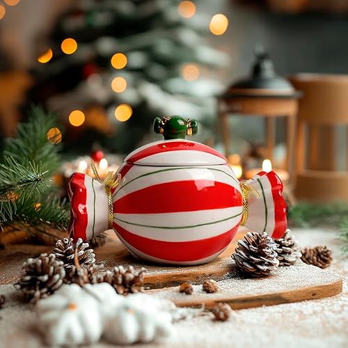 Tarro de caramelo de Navidad con tapa, recipientes de cerámica decorativos de cocina para alimentos, decoración de Navidad, tarros de almacenamiento