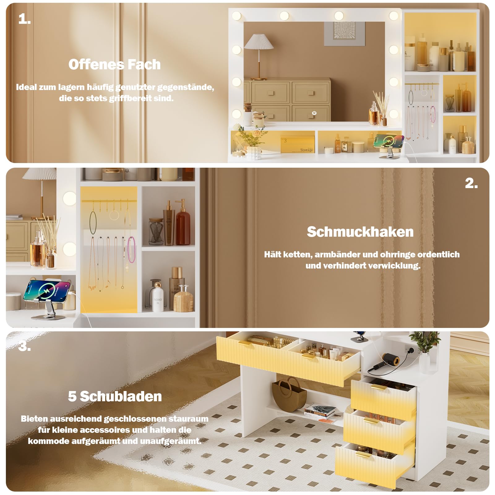 TRIUMPHKEY Schminktisch mit Spiegel und Licht mit LED-Beleuchtung mit Steckdosen (AC,USB&Type-C) 5 Schubladen 7 offene Stauräume mit Schmuckhaken, Make Up Tisch modern 149x114x40cm Satinweiß