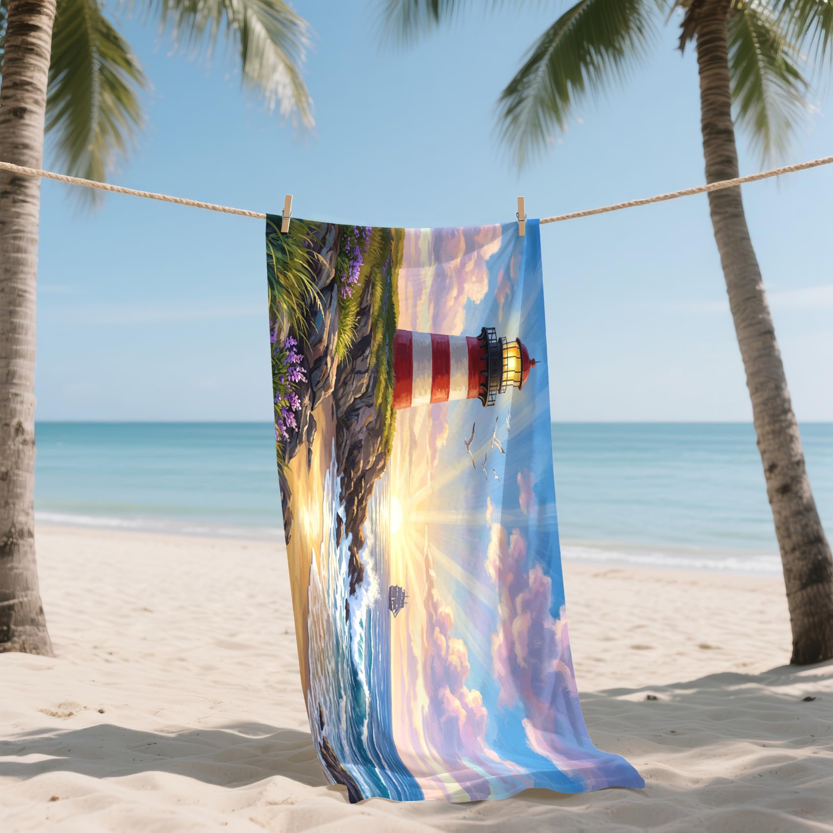 Serviette de Plage XXL Microfibre Phare Côtier Mer Paysage Marin, Drap de Plage Séchage Rapide Anti Sable & Légère, Serviette de Bain Grande Taille 100x200 cm, Accessoire & Cadeau été