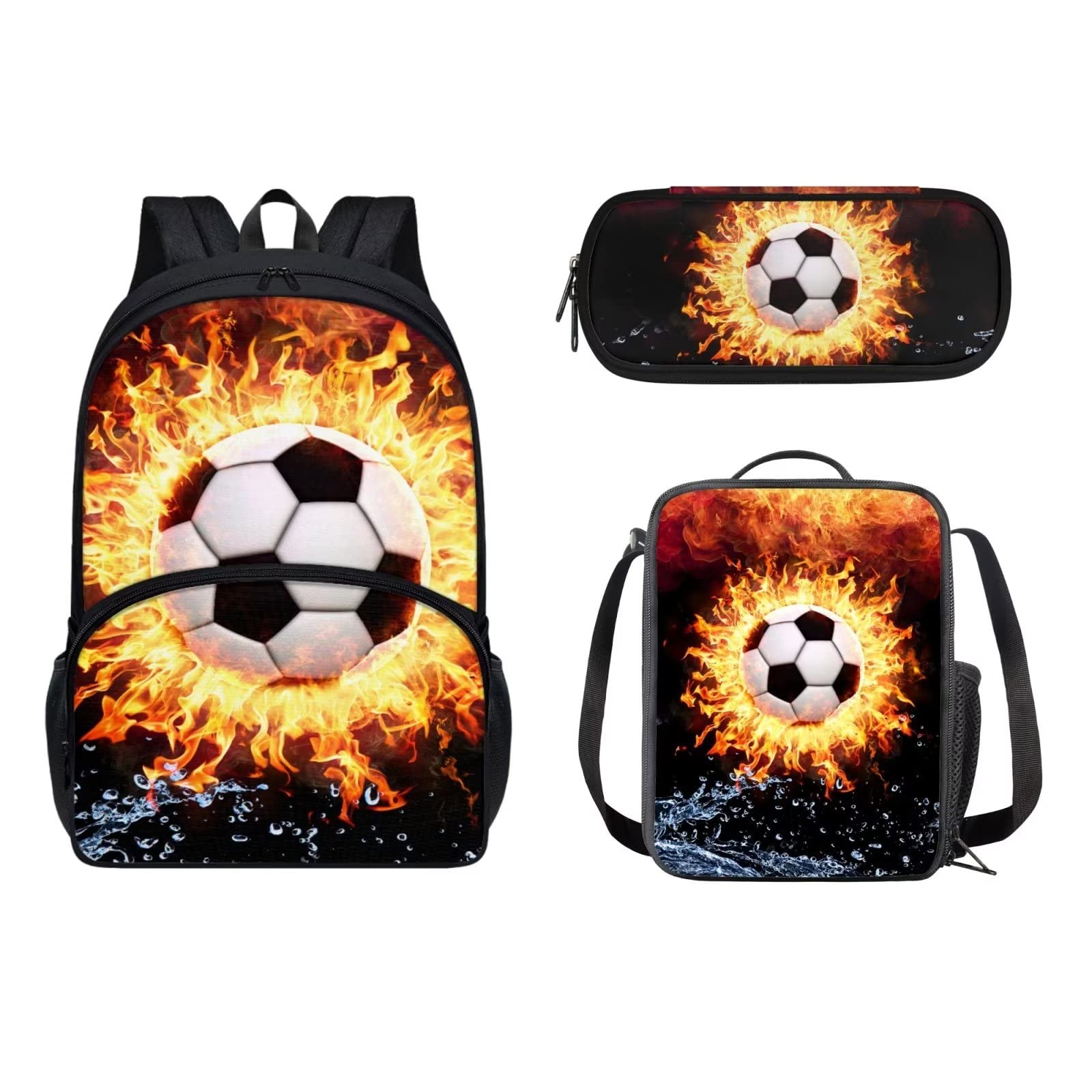 POLERO Mochila escolar de caballos para niños, juego de bolsas de almuerzo, estuche para lápices, 3 piezas, bolsas escolares, Fire Soccer, Talla única, Mochila infantil