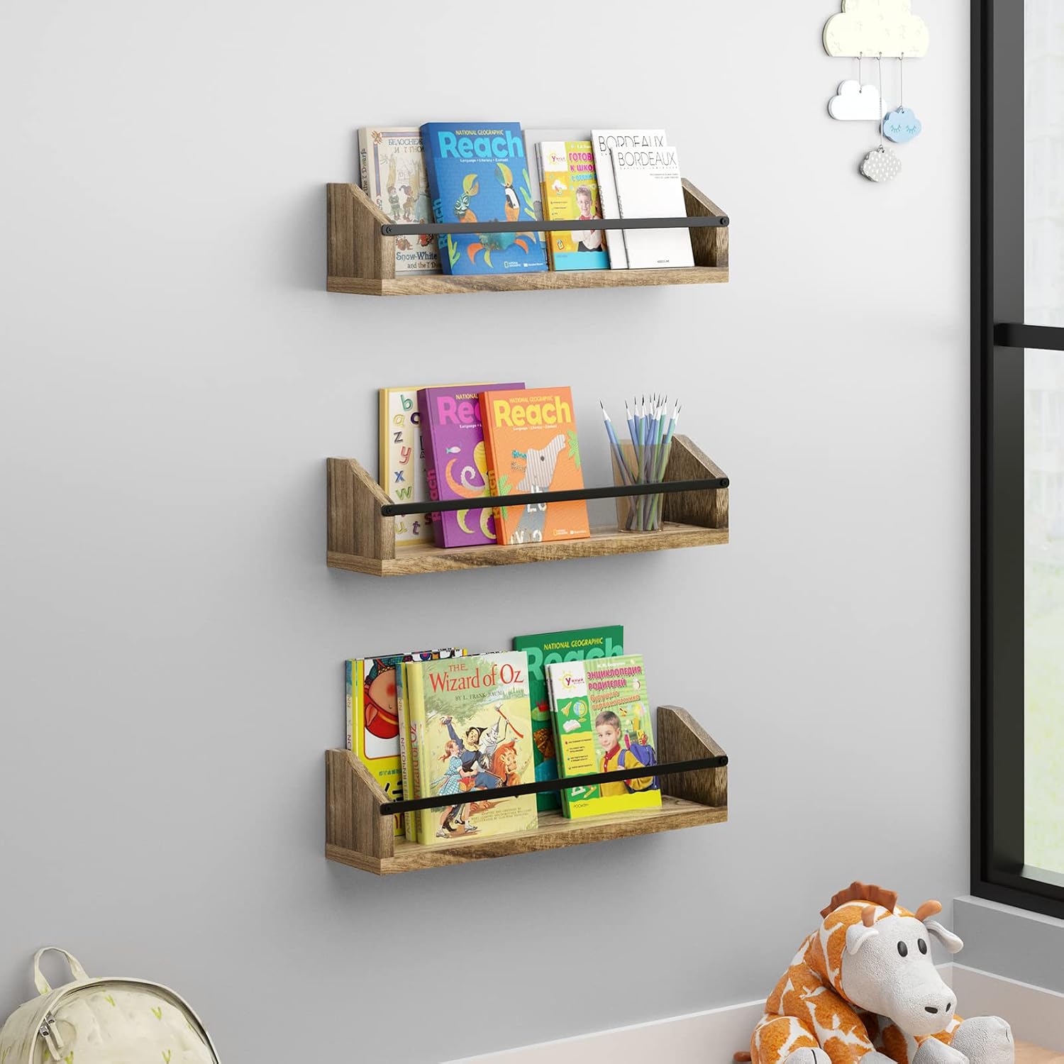 POTRAS Spice Racks Wall Mount, Wood Rustic Hanging Spice Rack Organizer Set of 3, Farmhouse Wall Spice Shelves for Kitchen, Wall Storage, Cabinet, Pantry, Bathroom, 15.6"L×3.6"W×4.1"H - Light Brown