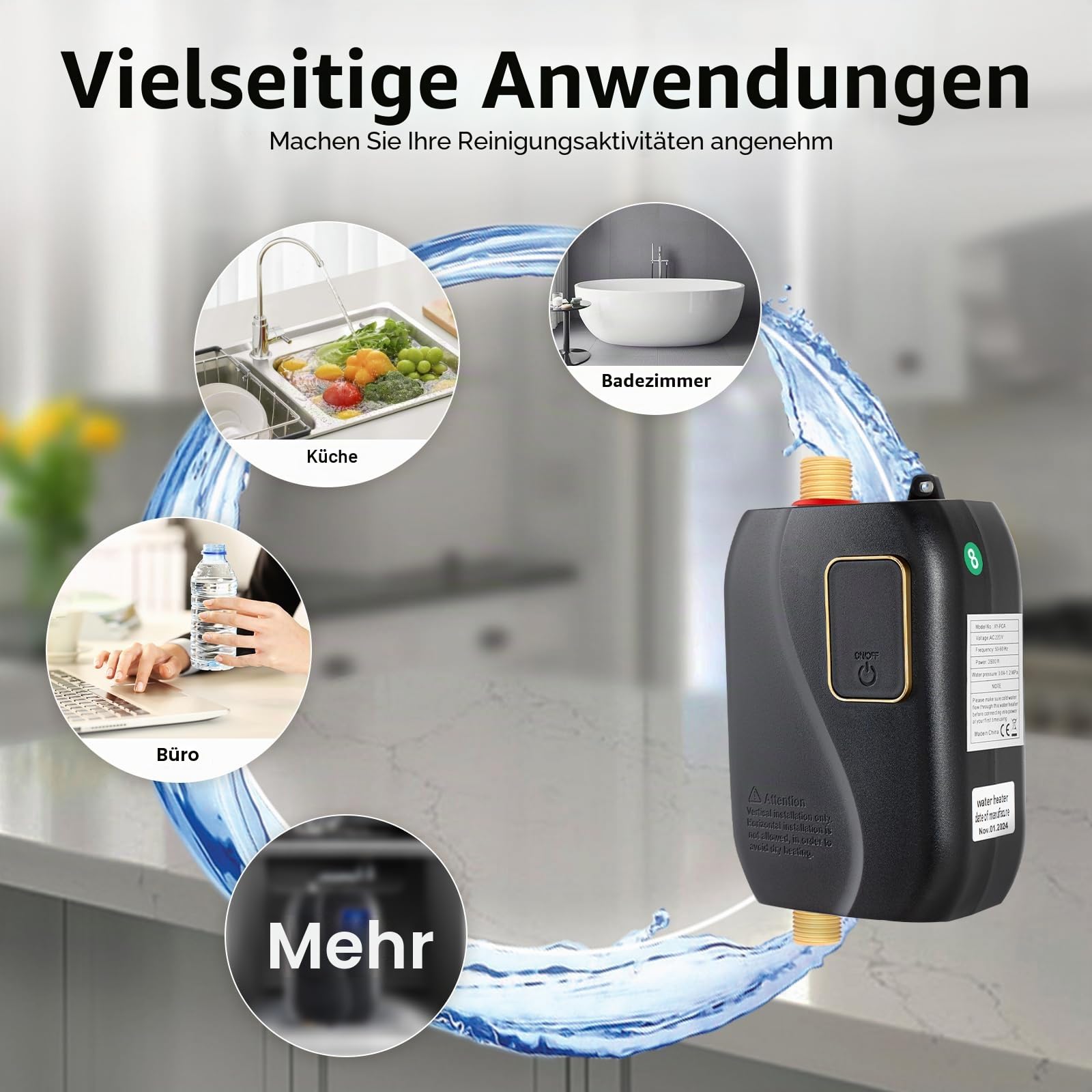 Mini Klein Durchlauferhitzer Elektronisch Tankless Water Heater Elektrischer Universal Kompakt Aus Edelstahl Elektro Warmwasser Dusche Im Wasserhahn FüR DraußEn Outdoor KüChe Camping Schwarz