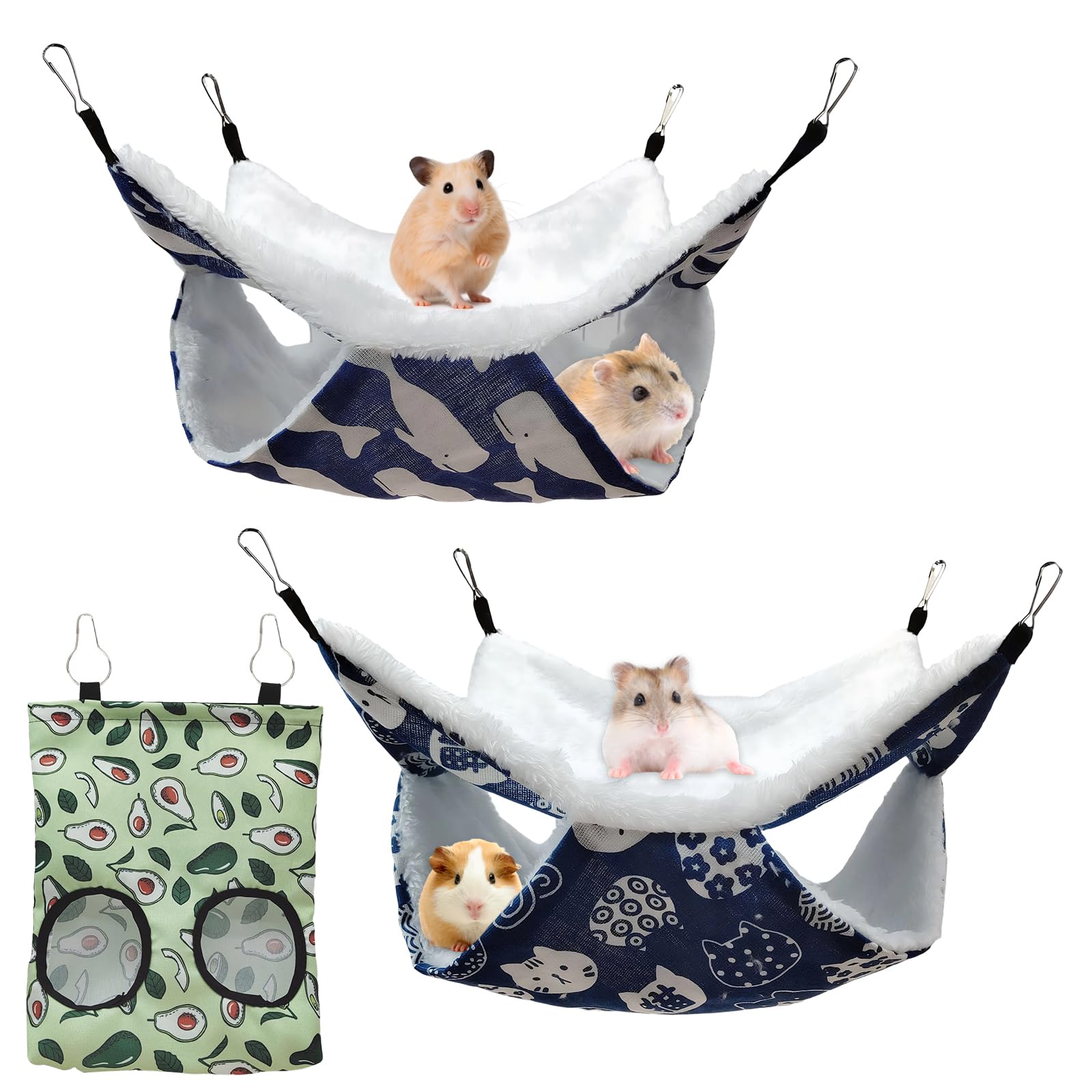 2PCS Pet Rat Hammock with Hay Feeder,Double-Layer Rat Cage Accessories,Guinea Pig Hammock,Small Animal Hanging Beds,Double Sided Use,for Guinea Pig Parrot,Ferret,Squirrel,Hamster Playing Sleeping