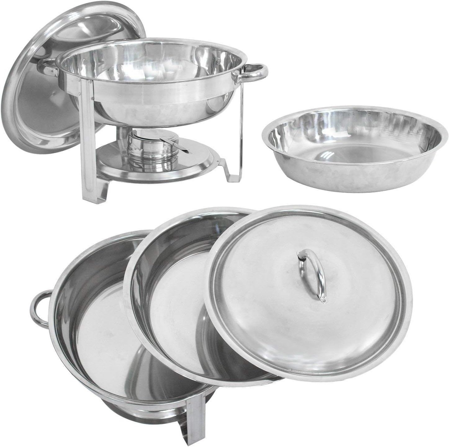 ZENY Pack of 4 Round Chafing Dish Full Size 5 Quart Stainless Steel Deep Pans Chafer Dish Set Buffet Catering Party Events Warmer Serving Set Utensils w/Fuel Holder