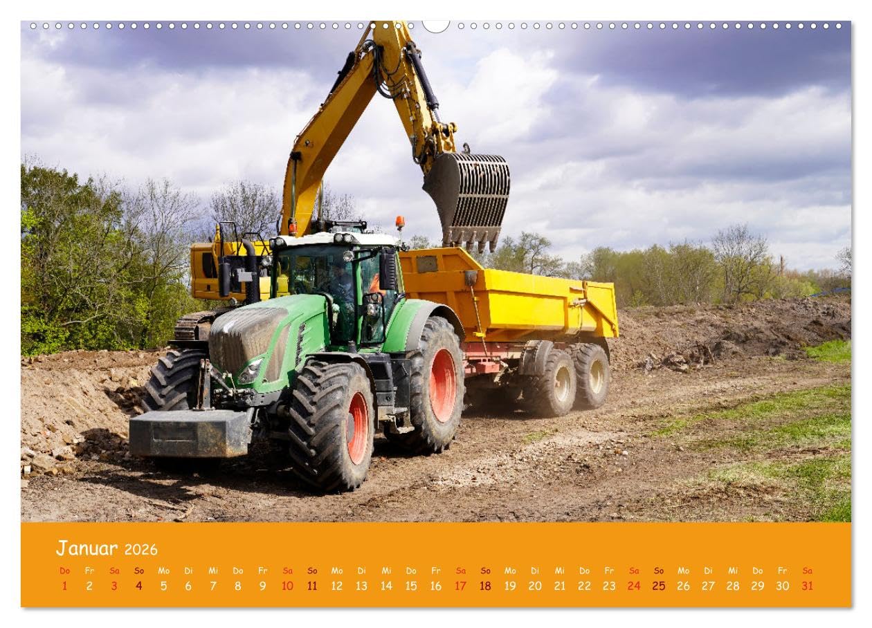 Baumaschinen im Einsatz (hochwertiger Premium Wandkalender 2026 DIN A2 quer), Kunstdruck in Hochglanz: Kran,Bagger,Walze,Raupe und LKWs auf einer Großbaustelle (CALVENDO Orte)