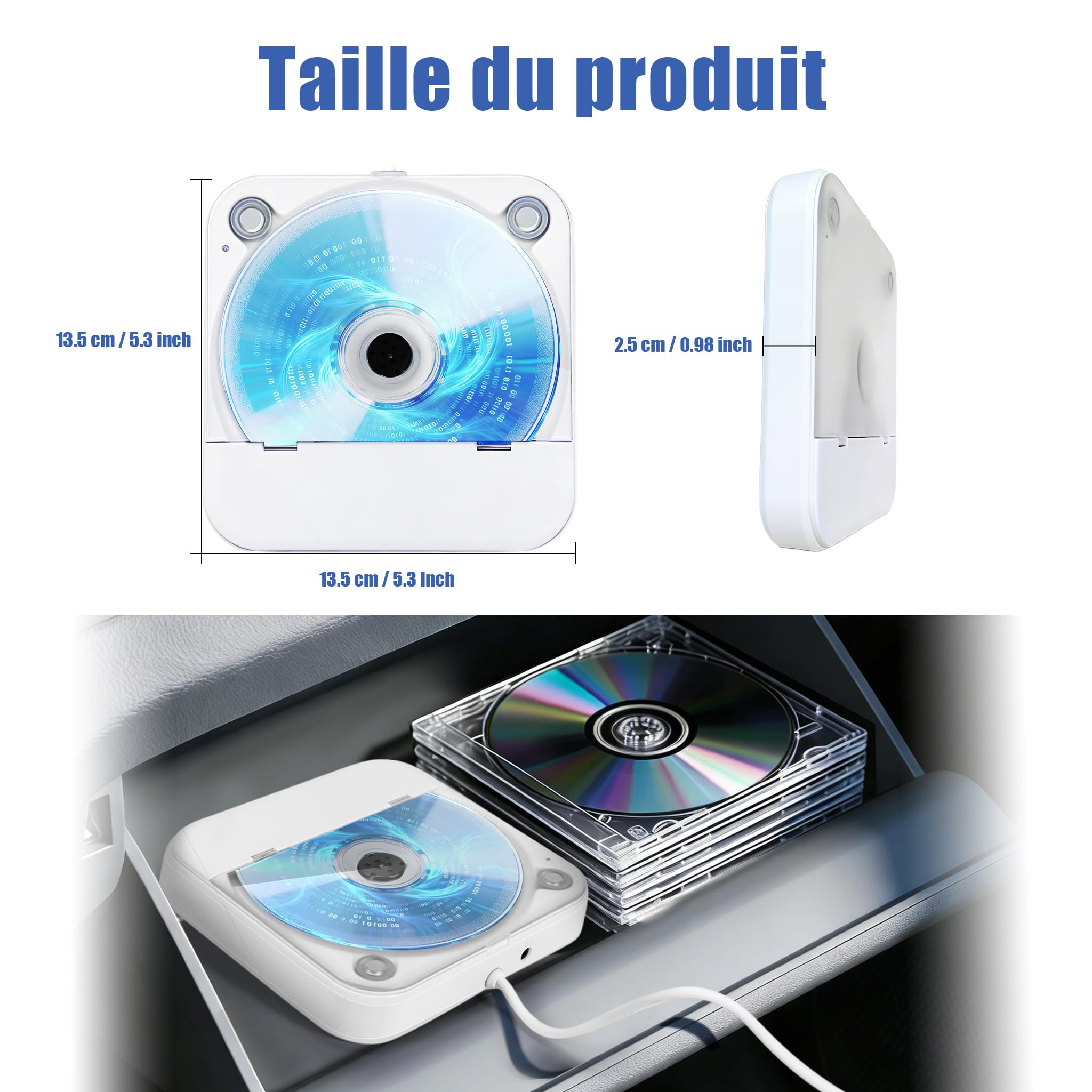 Lecteur CD pour Voiture avec Protection Antichoc en Silicone – Lecteur CD Portable Externe avec USB Rallonge CD Player Voiture pour PC TV Haut-parleurs Externes