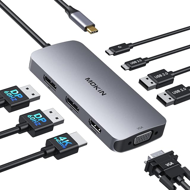 USB C Docking Station Dual DisplayPort, 8 in 1 USB C Hub with 2 DP, HDMI, VGA, USB C 2.0, 2 USB A 2.0, PD Charging Port, Multi Monitor Adapter for Dell/HP/Lenovo Laptops