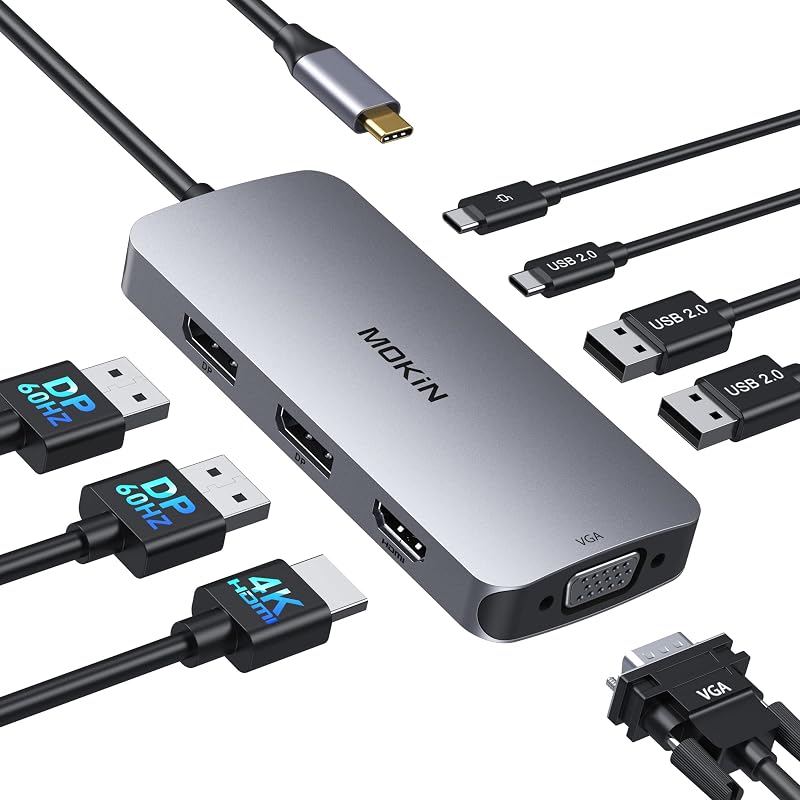 USB C Docking Station Dual DisplayPort, 8 in 1 USB Hub with 2 DP, HDMI, VGA, USB C 2.0, A 2.0, PD Charging Port, Multi Monitor Adapter for Dell/HP/Lenovo Laptops