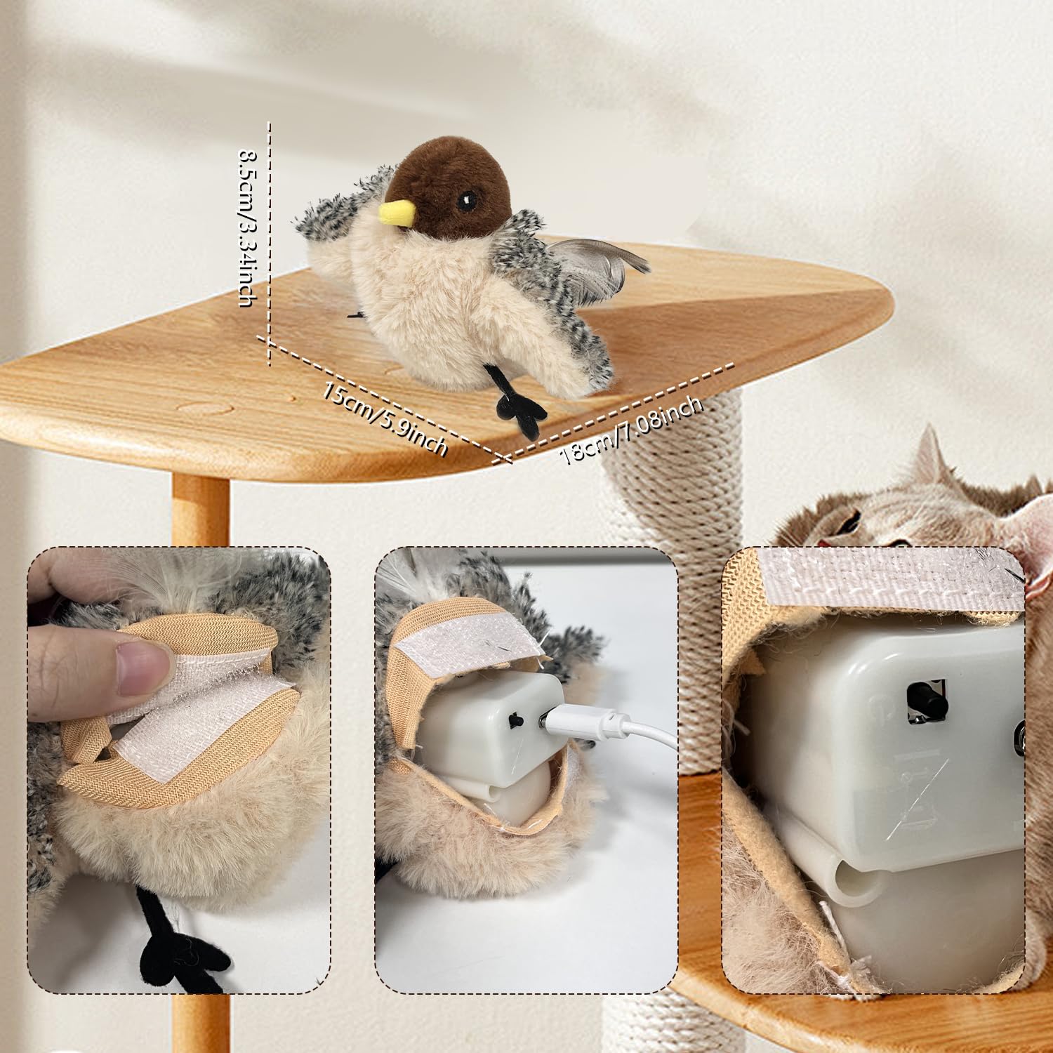 Juguetes para gatos recargables, gorrión, hierba gatera, juguete interactivo para gatos con chirrido, juguete realista activado por tacto para gatos, gatitos, ejercicio (pájaro con control remoto)