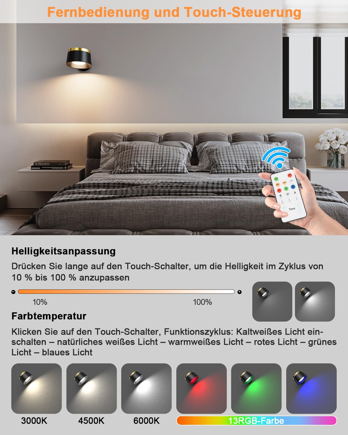 Applique Murale LED Sans Fil - Télécommande Intérieure - 3 Niveaux De luminosité Et 13 RVB - Magnétique Rotative à 360° - Pour Salon, Chambre à Coucher, Escalier, Couloir (2 Pièces Noir)