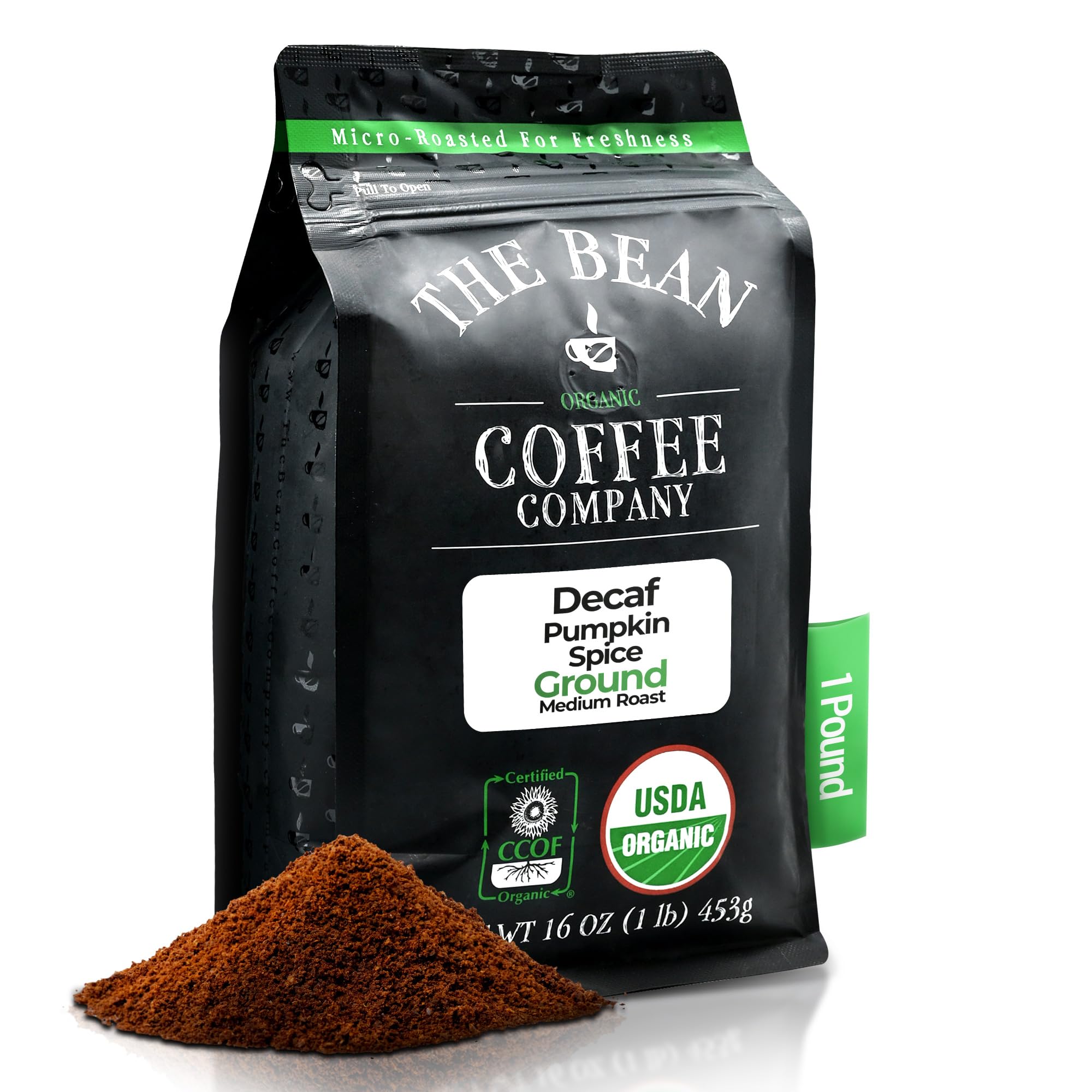 The Bean Organic Coffee Company Water Processed DECAF Pumpkin Spice, Medium Roast, Ground Coffee, 16-Ounce Bag, Café Molido Tostado Orgánico