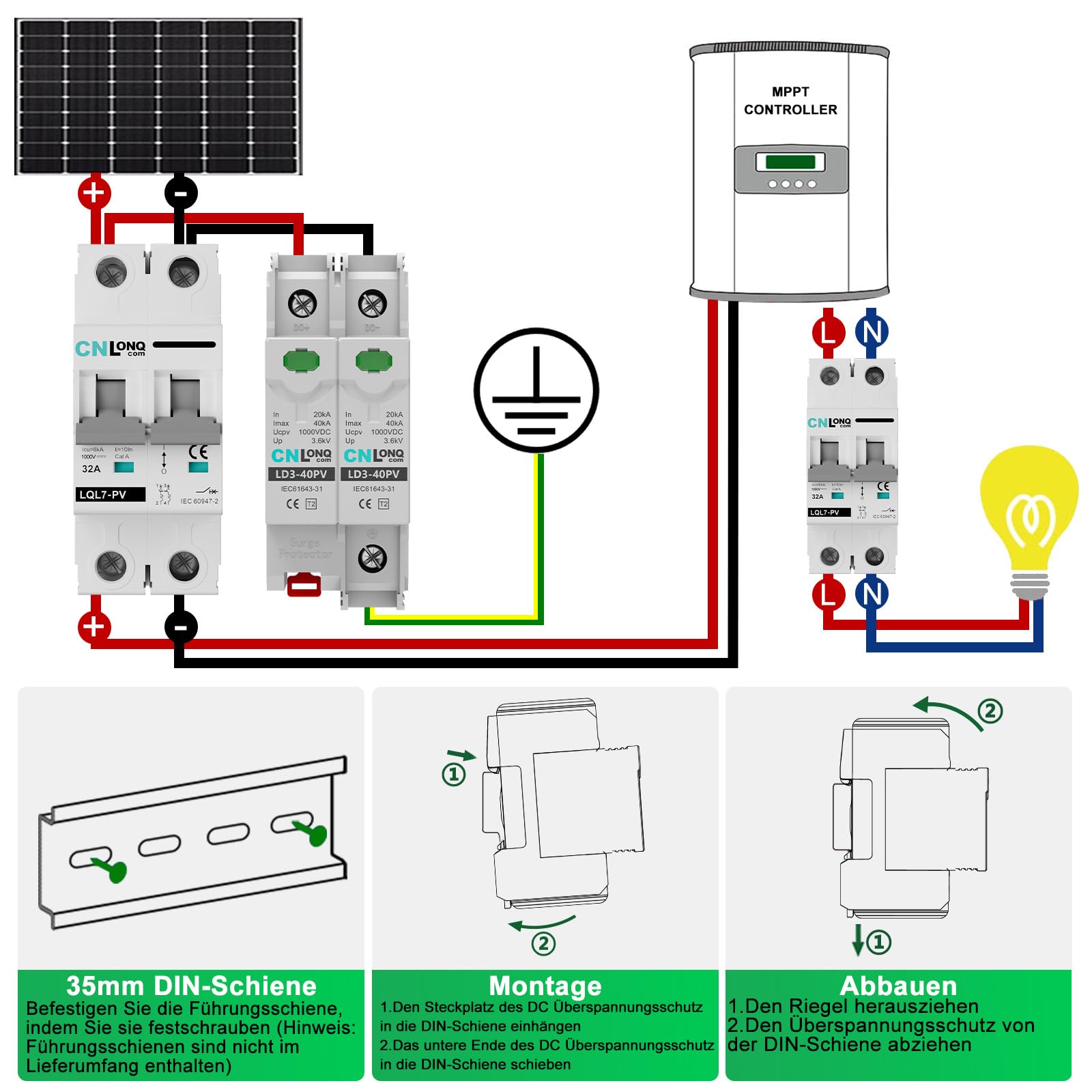 CNLONQ 2 Stück DC Überspannungsschutz PV Anlage DC1000V 2P 20kA/40kA 2P T2 Überspannungsableiter Blitzschutz Für Solar-Photovoltaik 35mm DIN-Schienenmontage